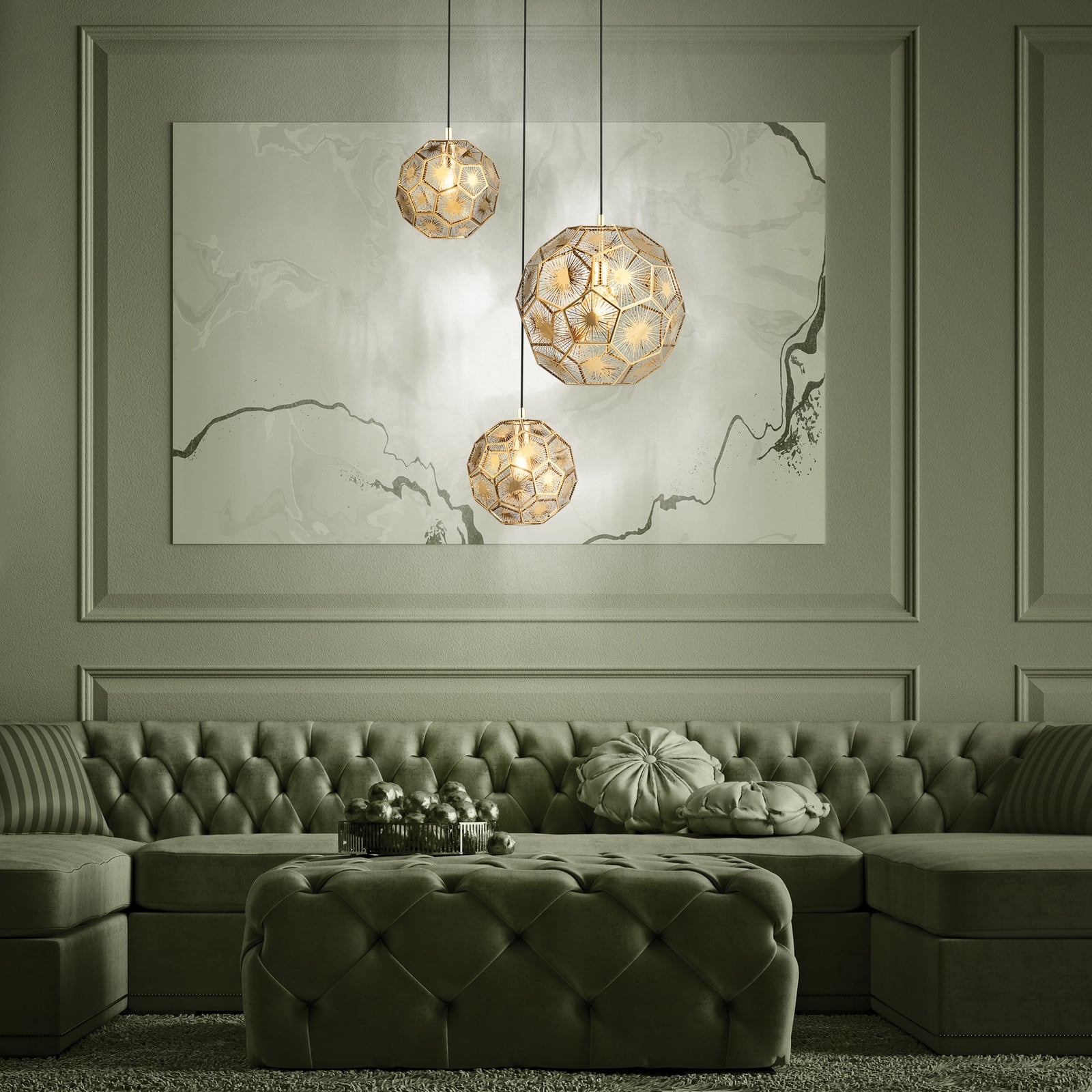 Hængelampe Skoura, messingfarvet, 70 x 68 cm, 3 lyskilder, stål