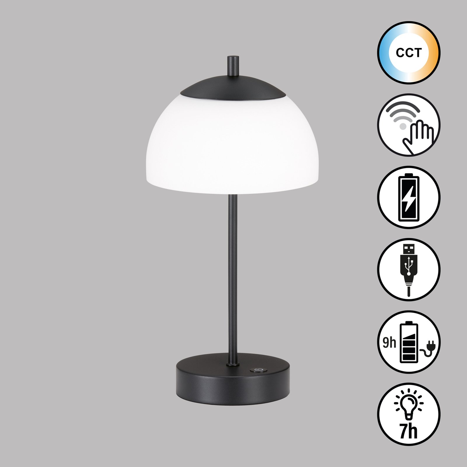 Lampe de table LED à accu Riva, noir, CCT, intensité variable, hauteur 35cm