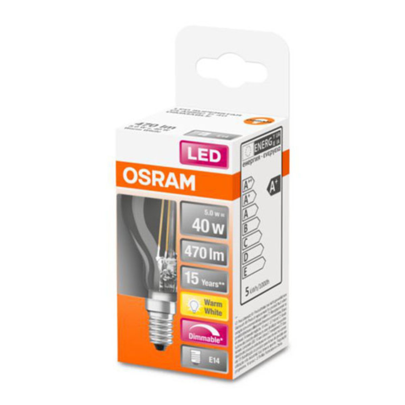 Teardrop LED bulb E14 4.8W fil. 2700K dimmable