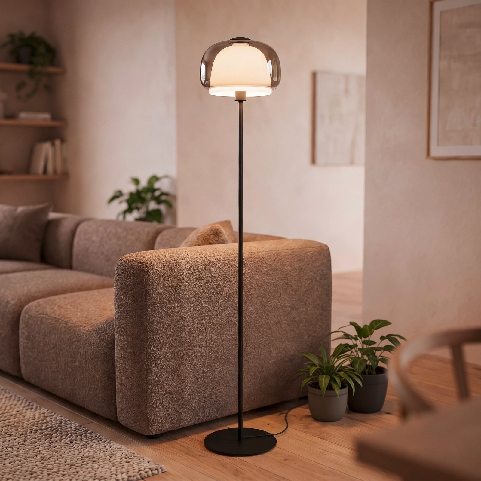 Stojacia lampa Belomontejo, čierno-priehľadná, sklo, oceľ, E27
