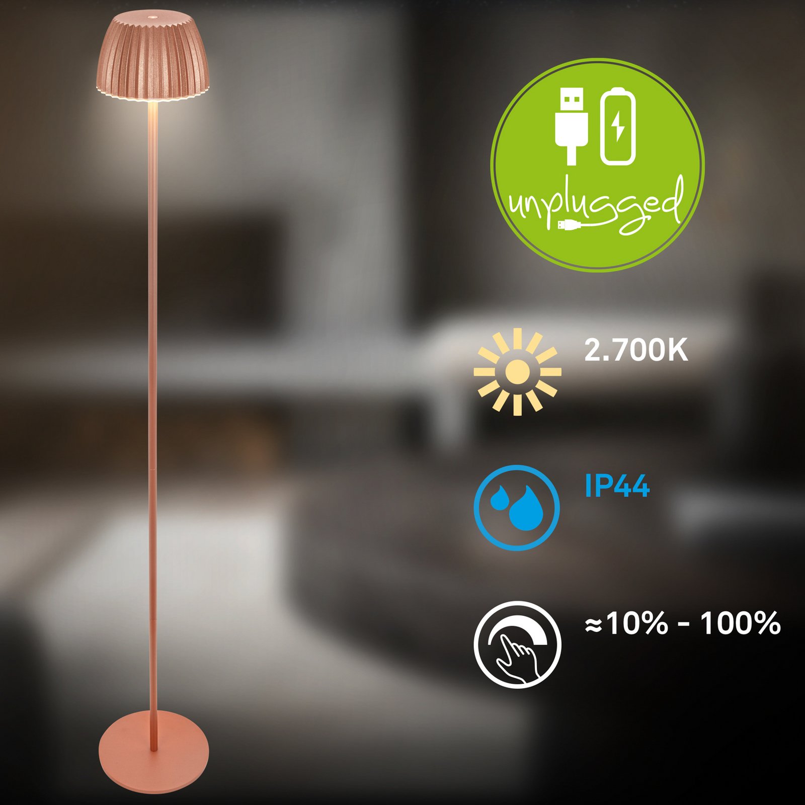 LED dobíjecí stojací lampa Brilo unplugged Riffle, měděná barva