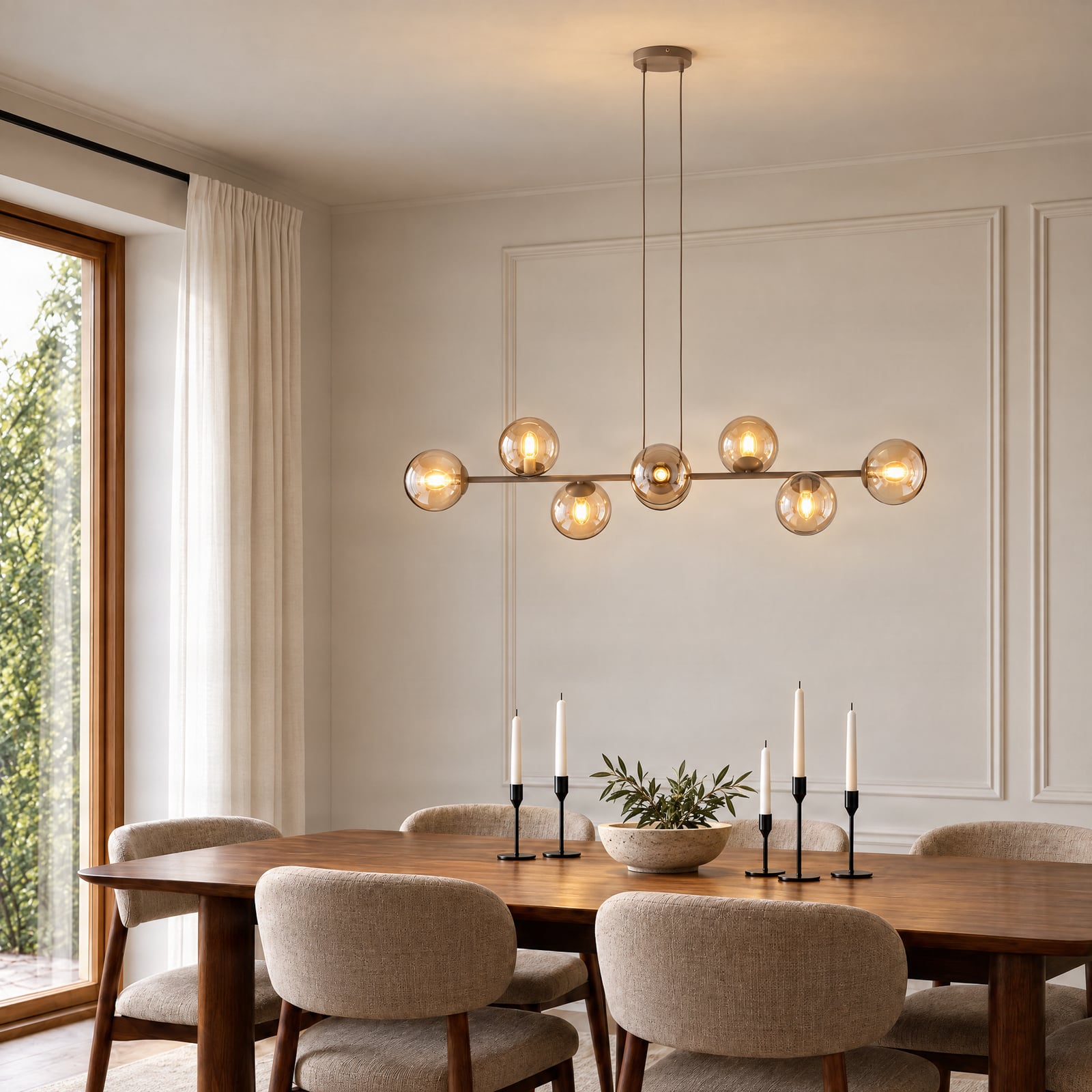 Lampada a sospensione Rossi, beige, lunghezza 130 cm, a 8 luci, vetro/metallo Lampada a sospensione Rossi, beige, lunghezza 130 cm, a 8 luci, vetro/metallo