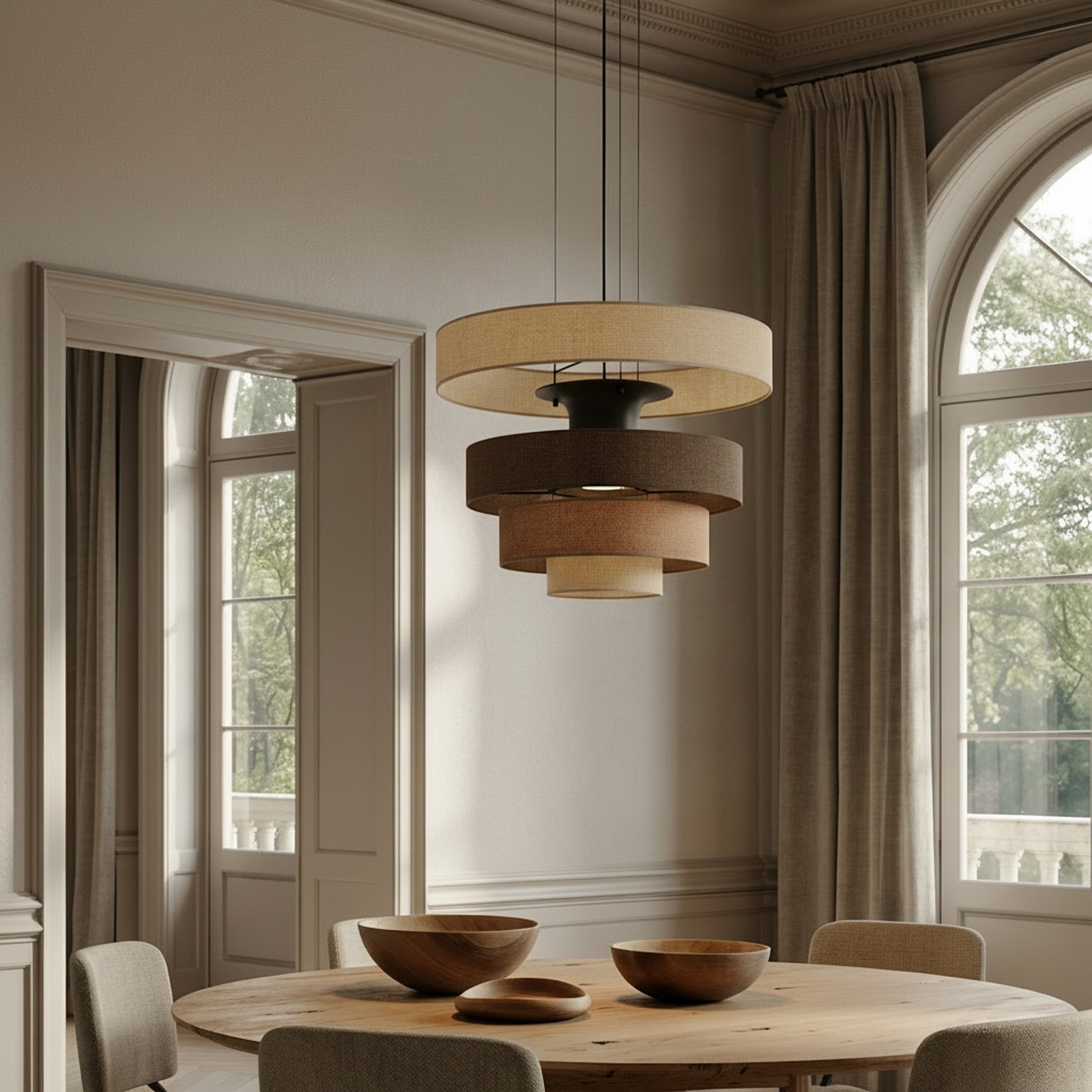 Lampă suspendată LED Lucande Peldano, Ø50 cm maro/bej, step-dimabil