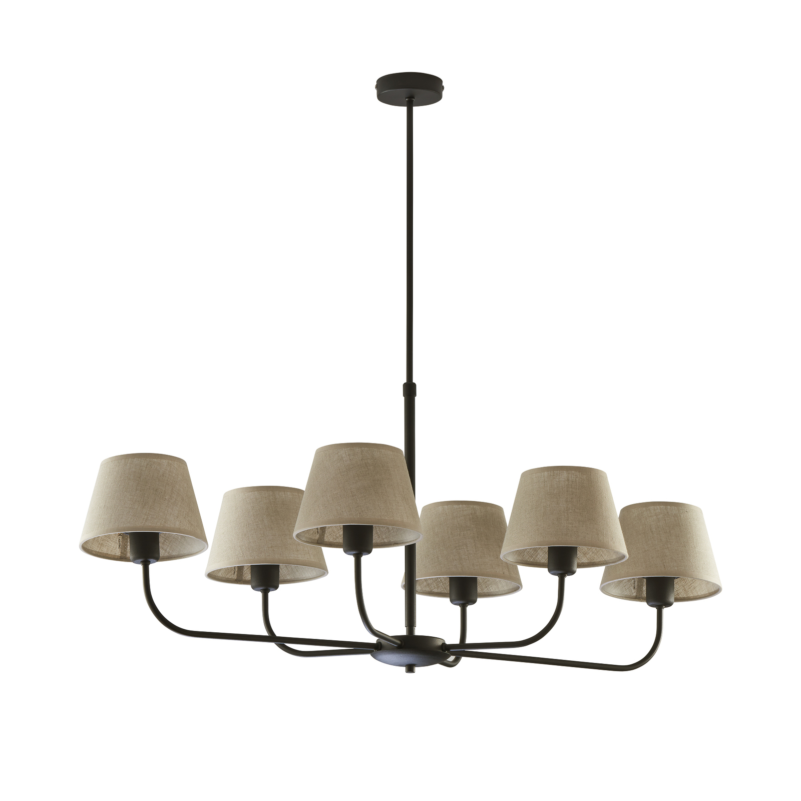 Chicago chandelier, linen lampshades, 6bulb Lights.co.uk