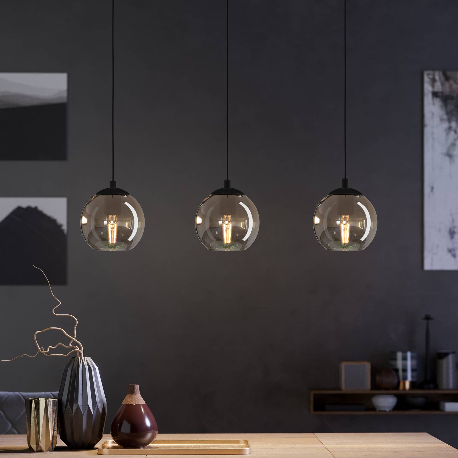 EGLO Suspension Ariscani, gris fumé, longueur 77 cm, à 3 lampes E27 en verre