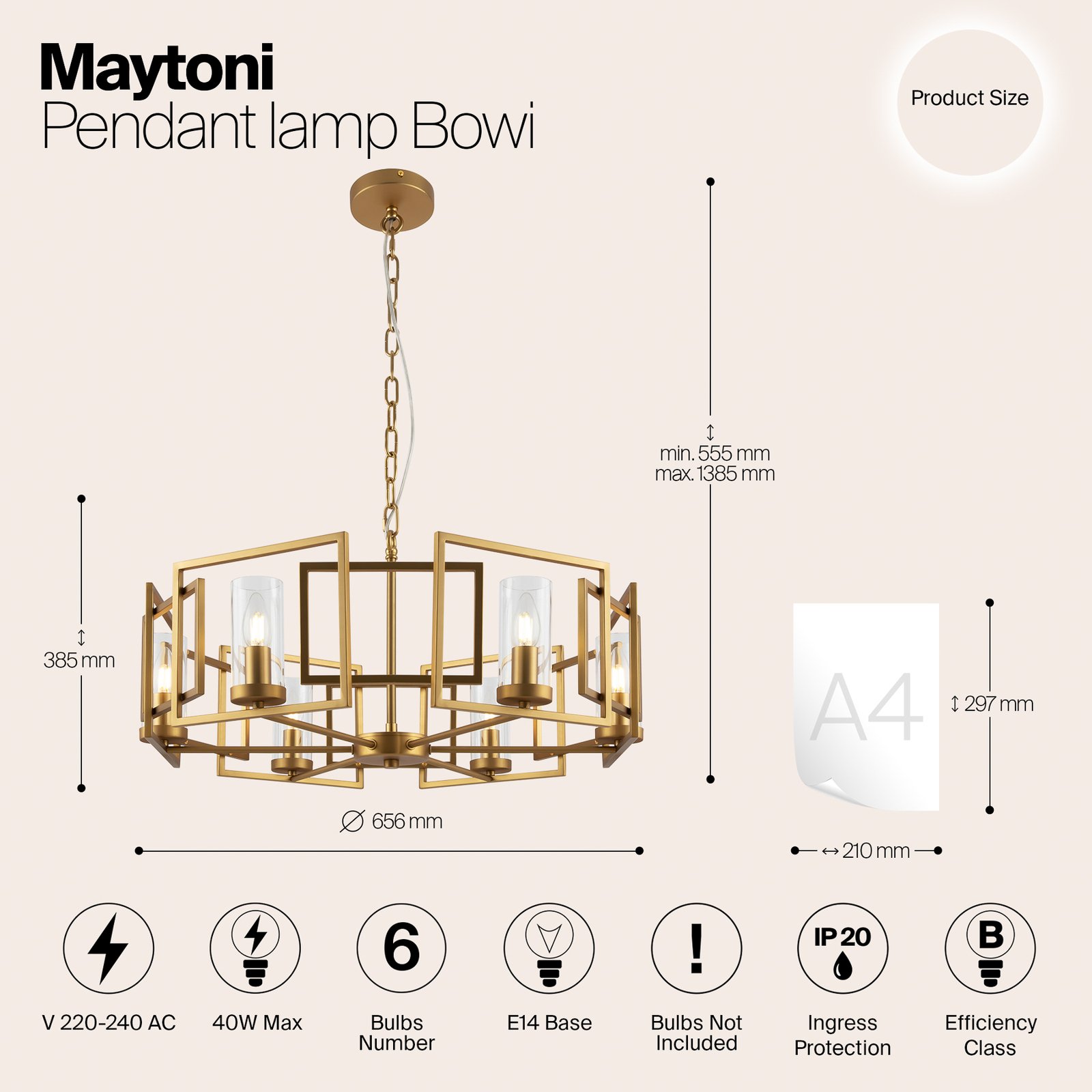 Závesné svetlo Maytoni Bowi, Ø 65,6 cm, zlatá farba, 6 x E14