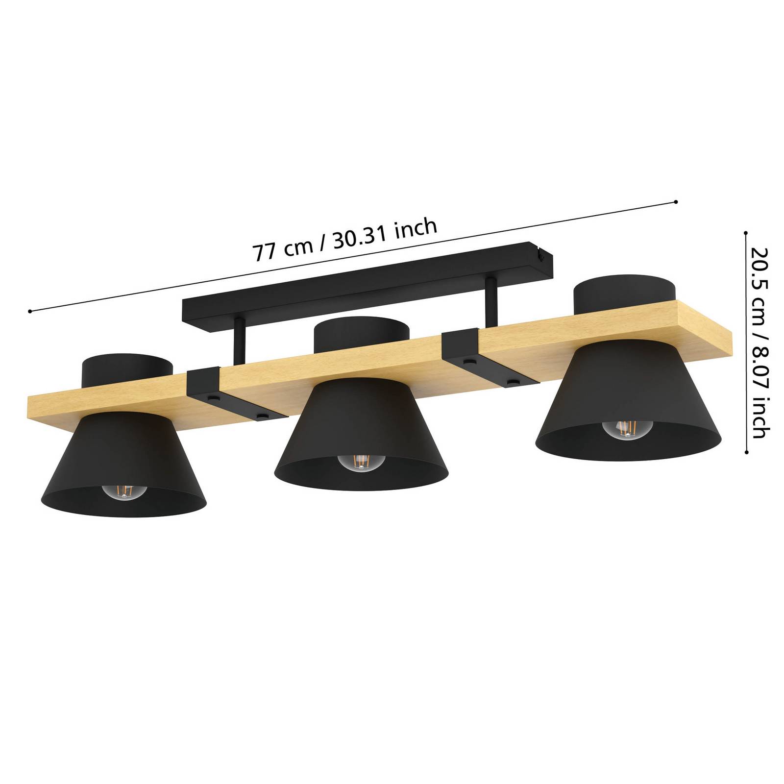  Eglo Deckenleuchte Maccles In Schwarz Mit Holz, 3-fl. 