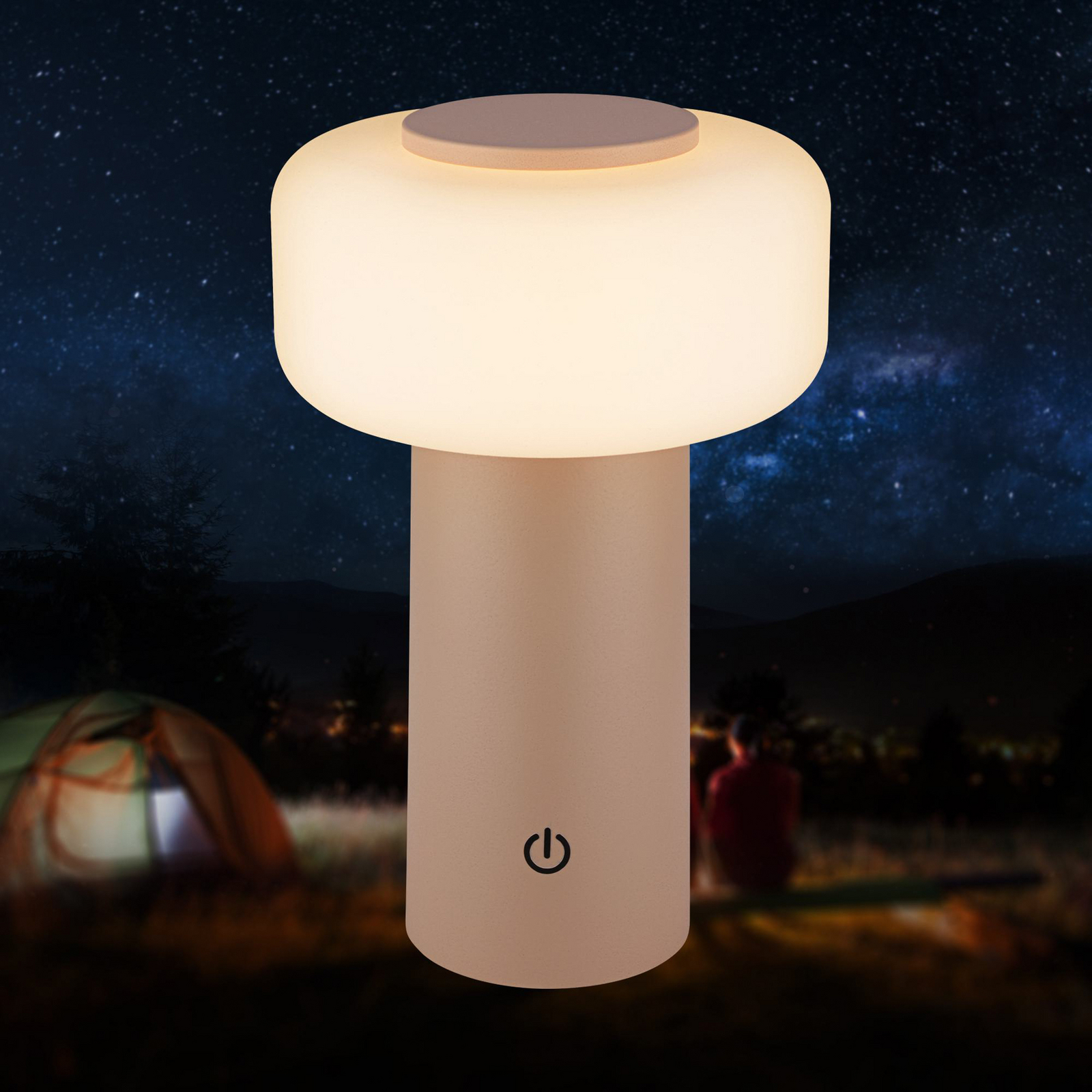 Juna LED rechargeable table lamp, beige, IP44, dimmable, 20 cm