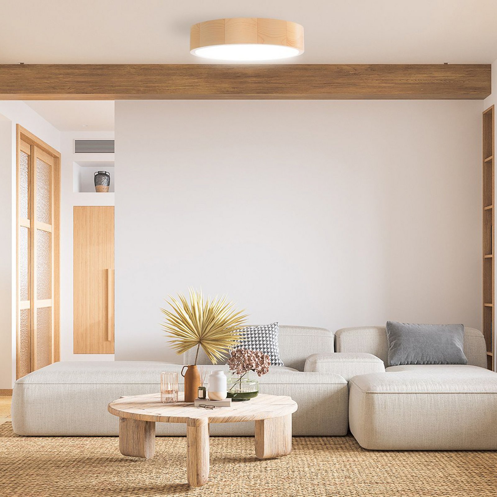 Plafonnier Cleo DR800, bois de pin, Ø 80 cm, à 6 lampes, E27
