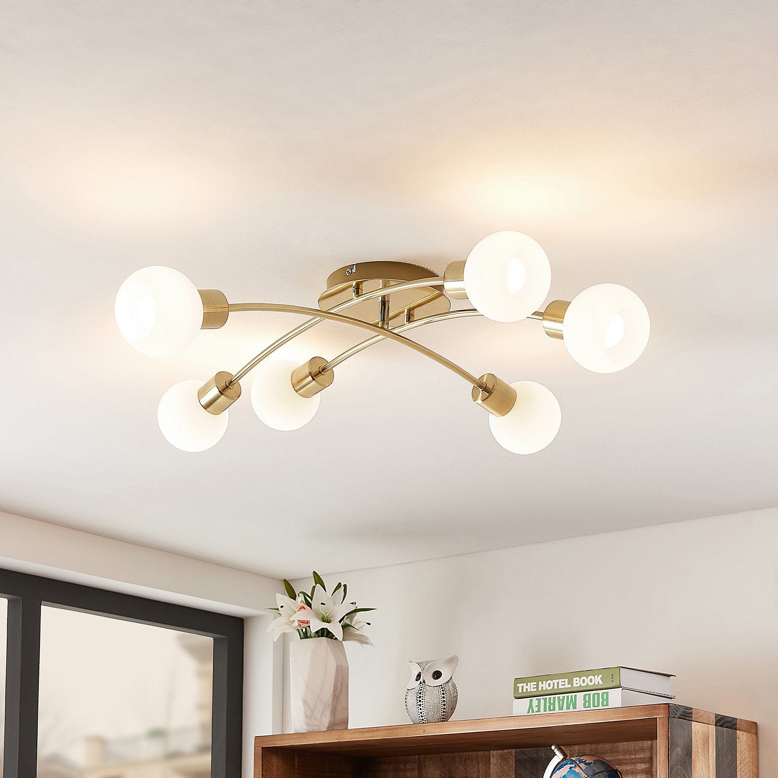 Lindby Agmar LED ceiling light, brass, 6-bulb