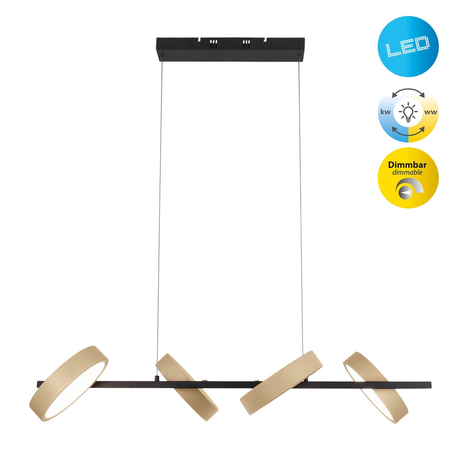 LED hanging light Tessa black/beige 110cm Touchdim CCT 4-bulb.