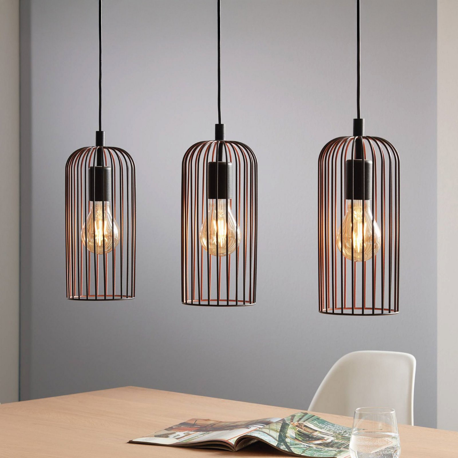 Roccamena hanging light, black/copper-coloured, length 71 cm