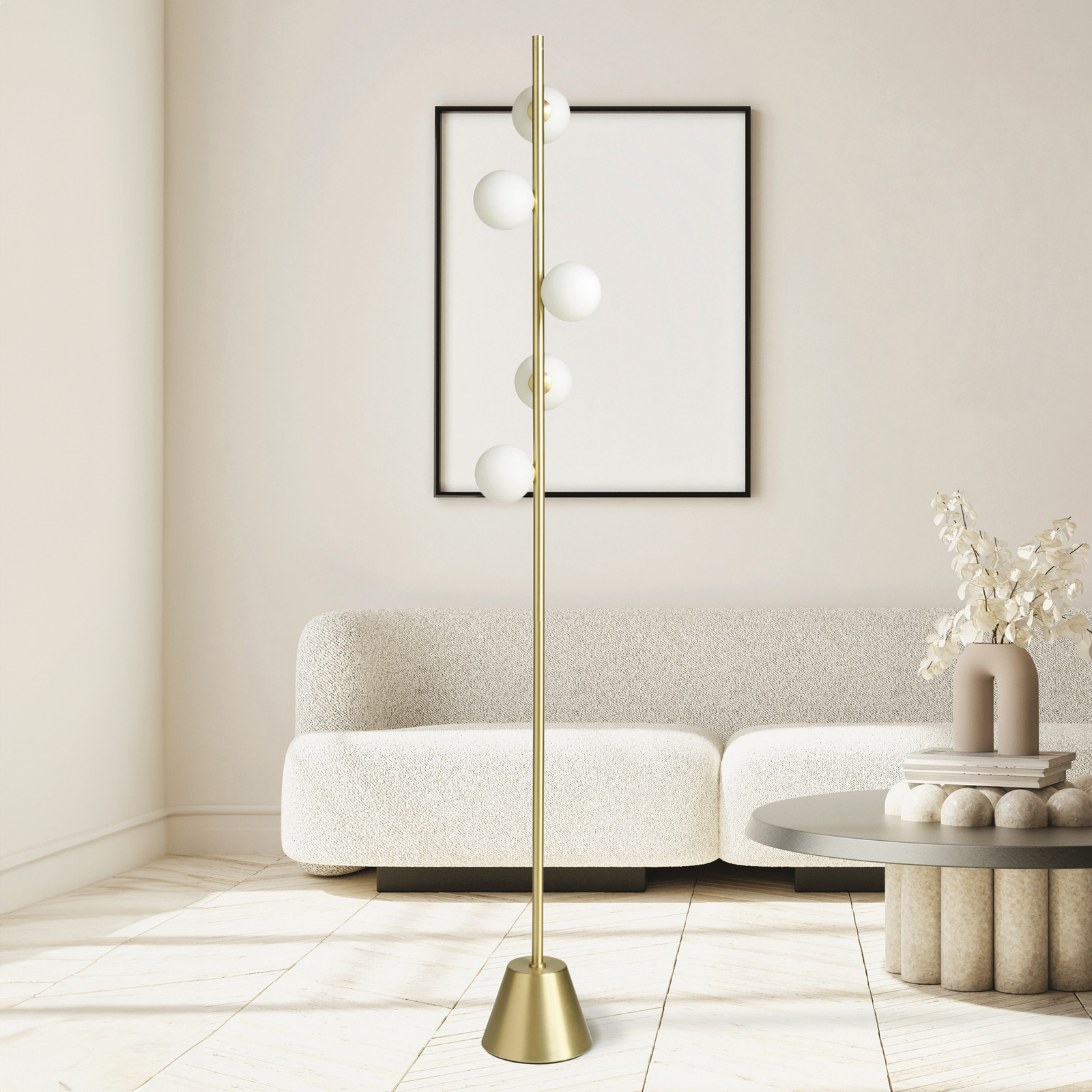 Lámpara de pie Pomi, 5 luces, dorado/blanco, cristal, altura 170 cm