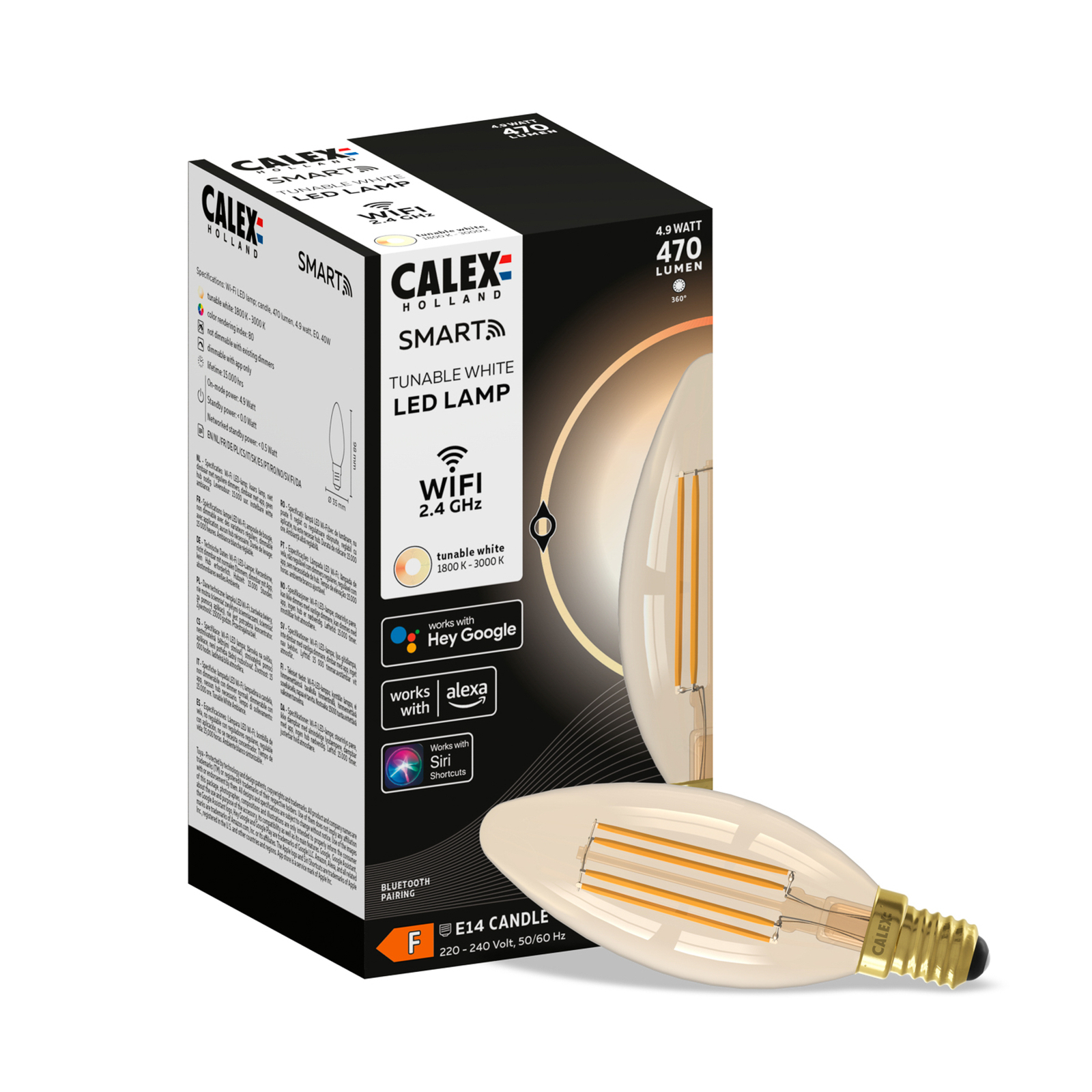 "Calex Smart E14 B35" žvakė 4,9W 1800-3000K dim gold