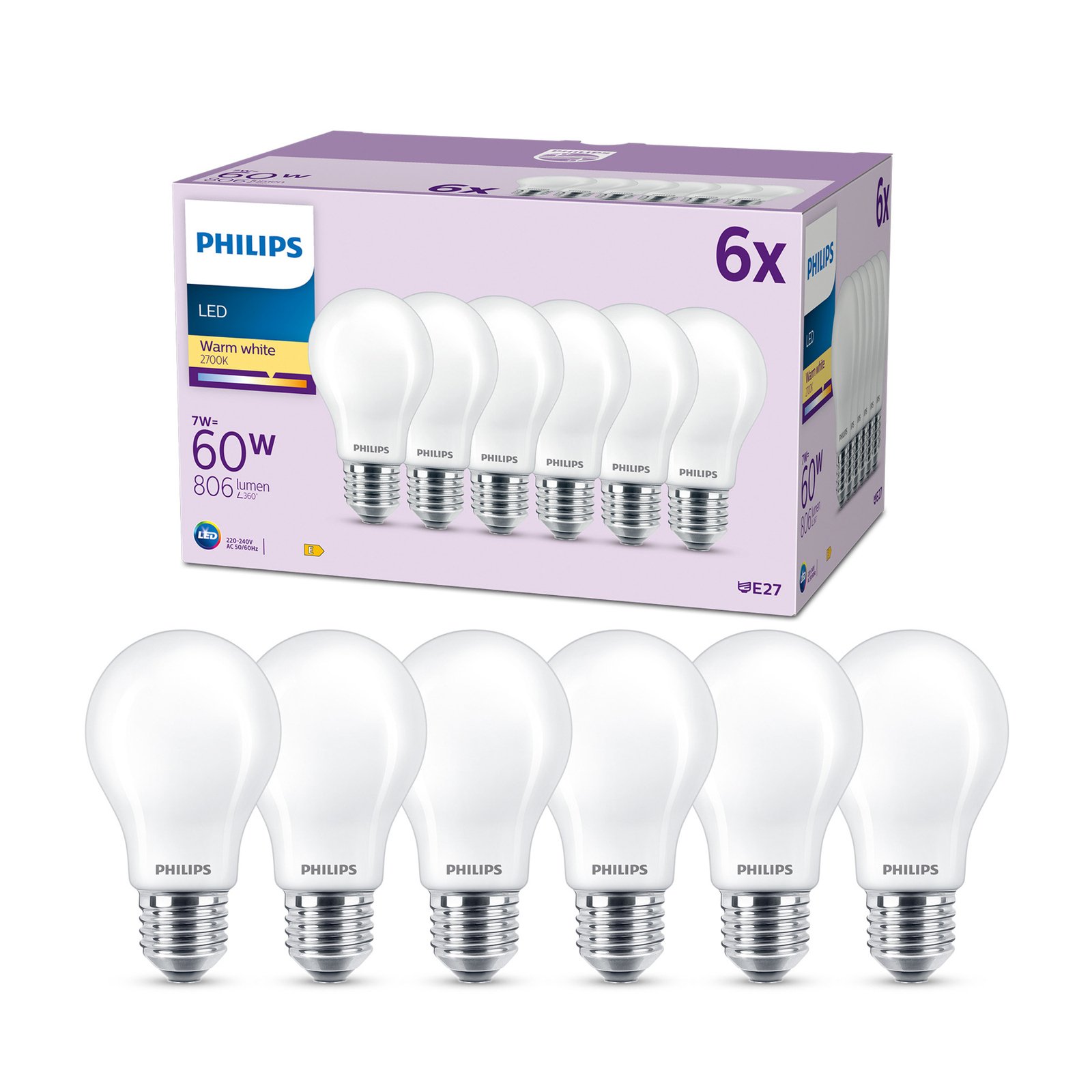 Philips ampoule LED E27 7W 806lm 2 700K mate x6