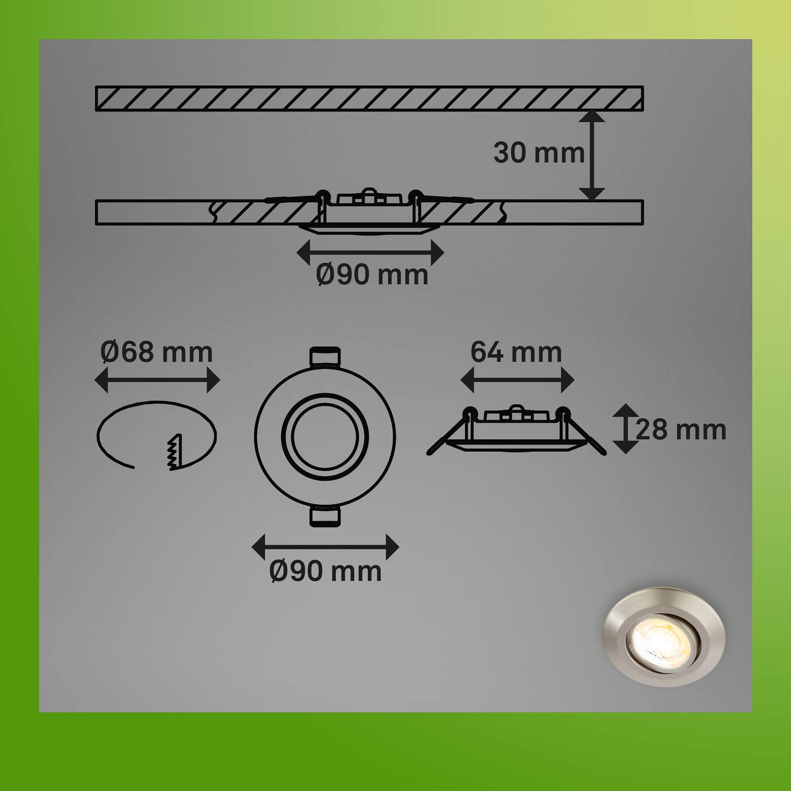 Oprawa wpuszczana LED Klira, nikiel, Ø 9 cm, obrotowa, zestaw 3 sztuk