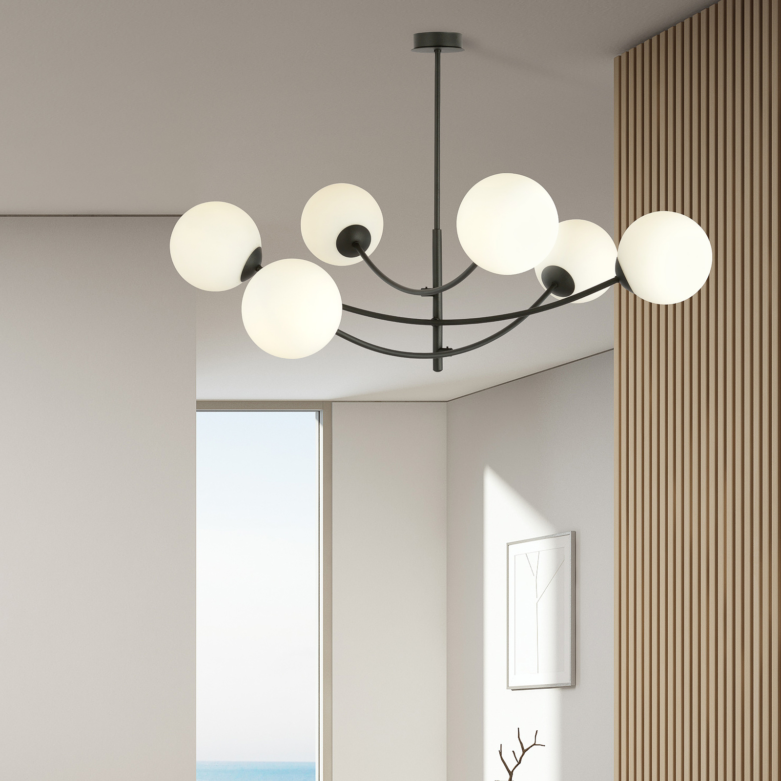 Plafonnier Hunter, noir/opale, à 6 lampes