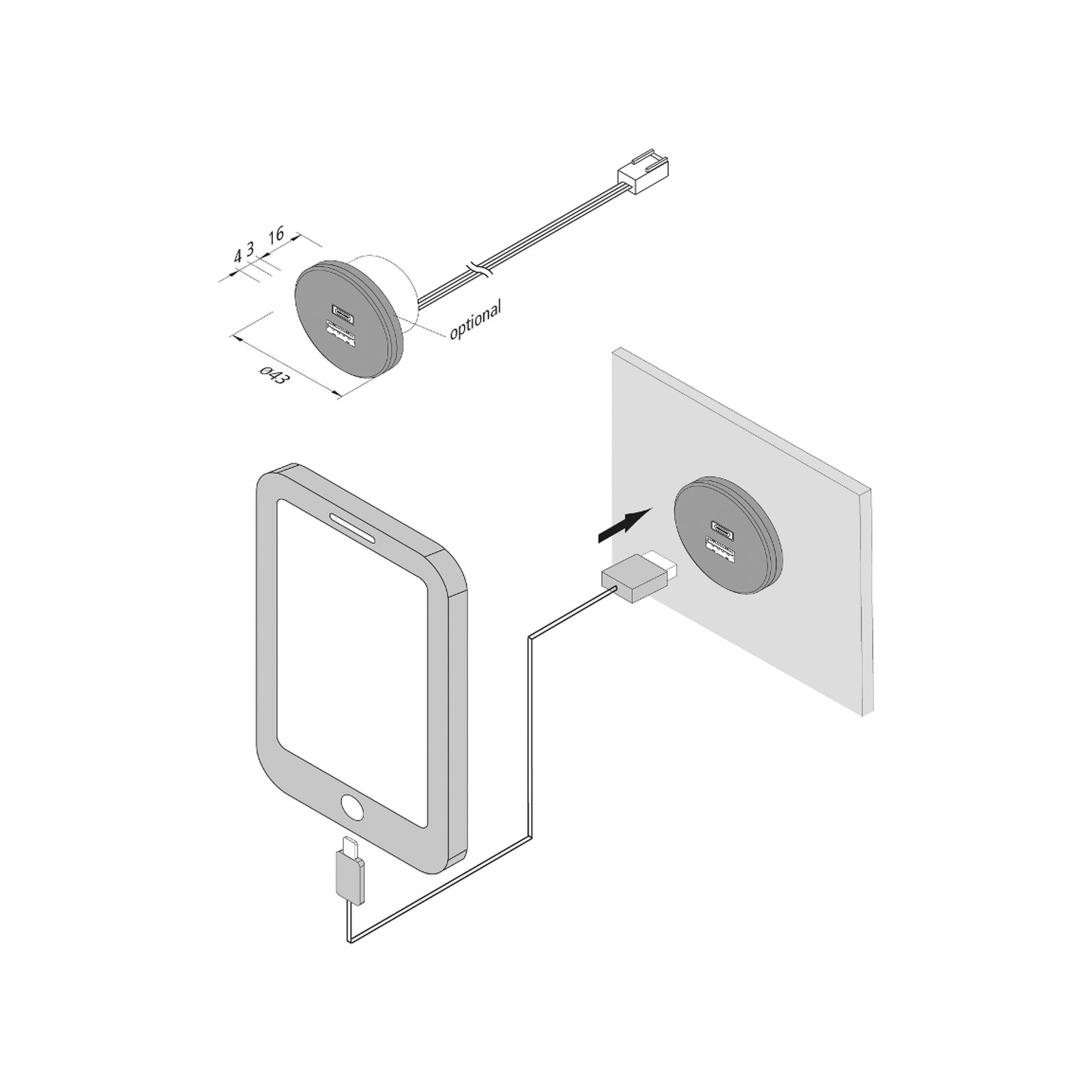 Toma de corriente USB-A + USB-C, instalación en mueble negro 24V entrada