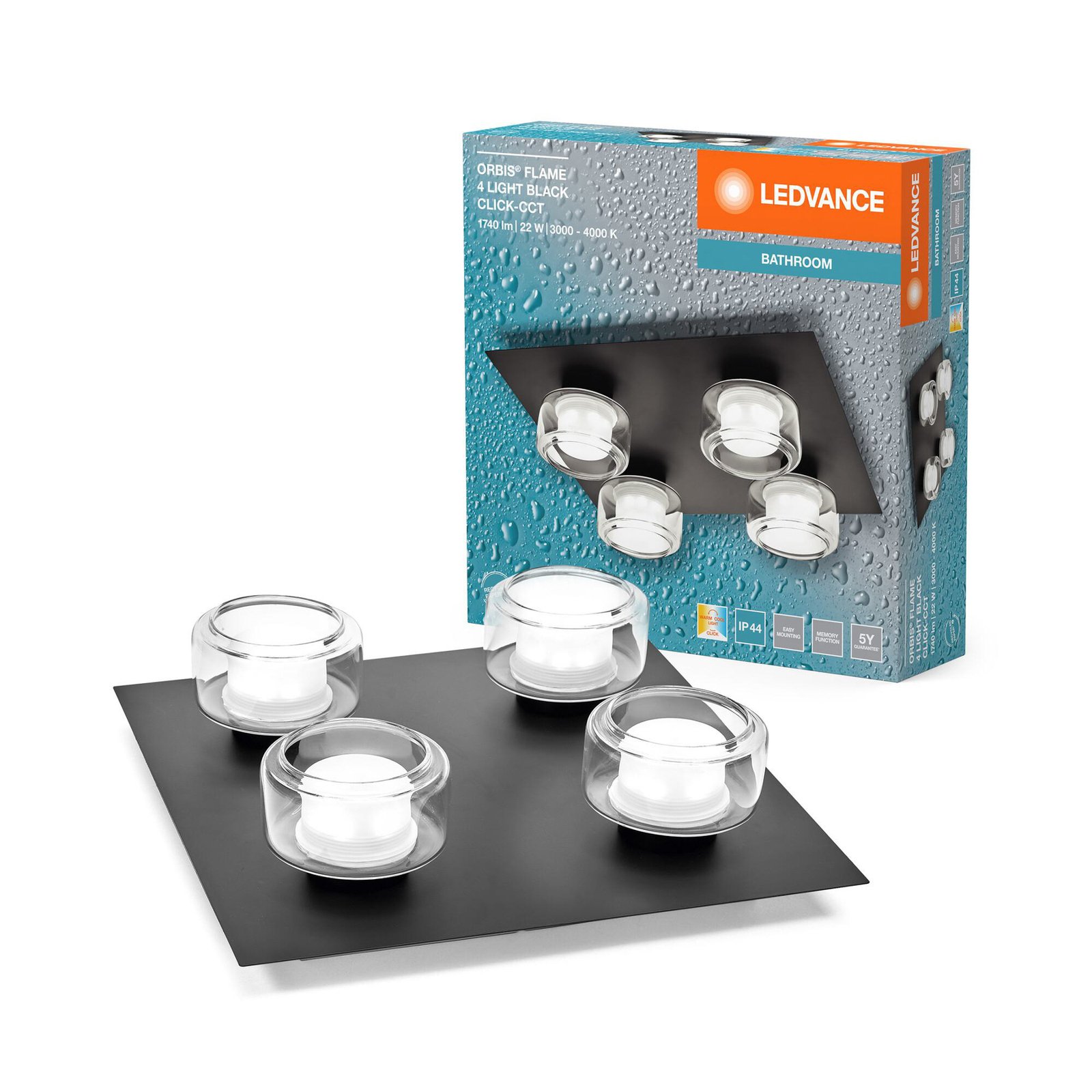 LEDVANCE LED griestu gaismeklis Orbis Flame, melns, 4 gaismas, IP44