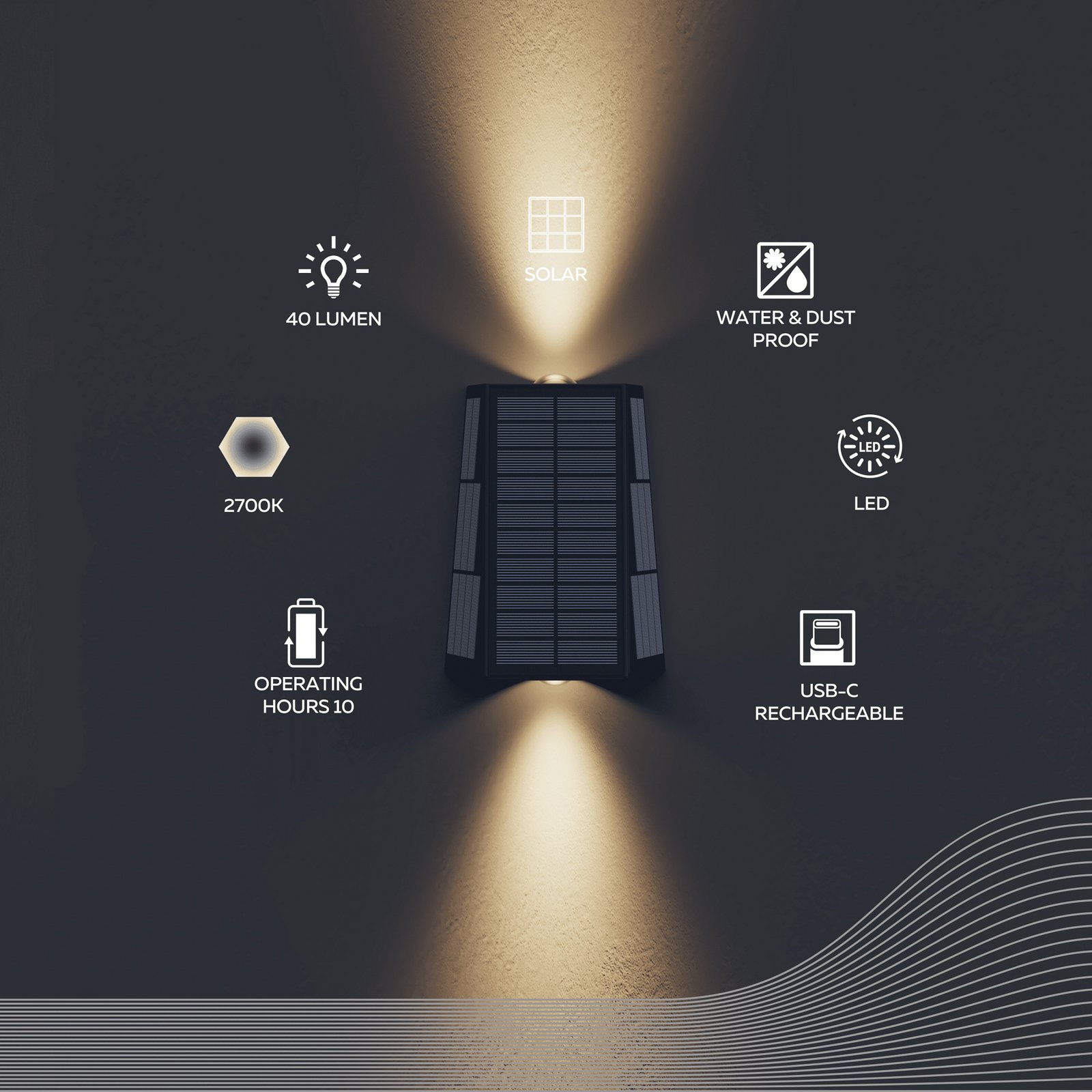 Calex Matera solar LED outdoor wall light, up/down, black