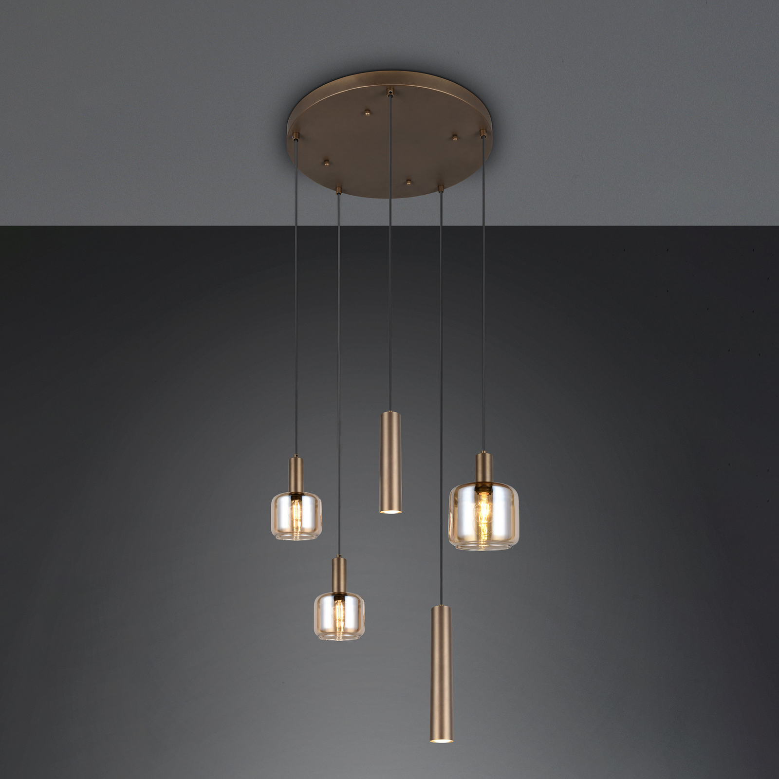 Piekaramā lampa „Mataro“, smilškrāsā, Ø 55 cm, 5 spuldzes, stikls/metāls