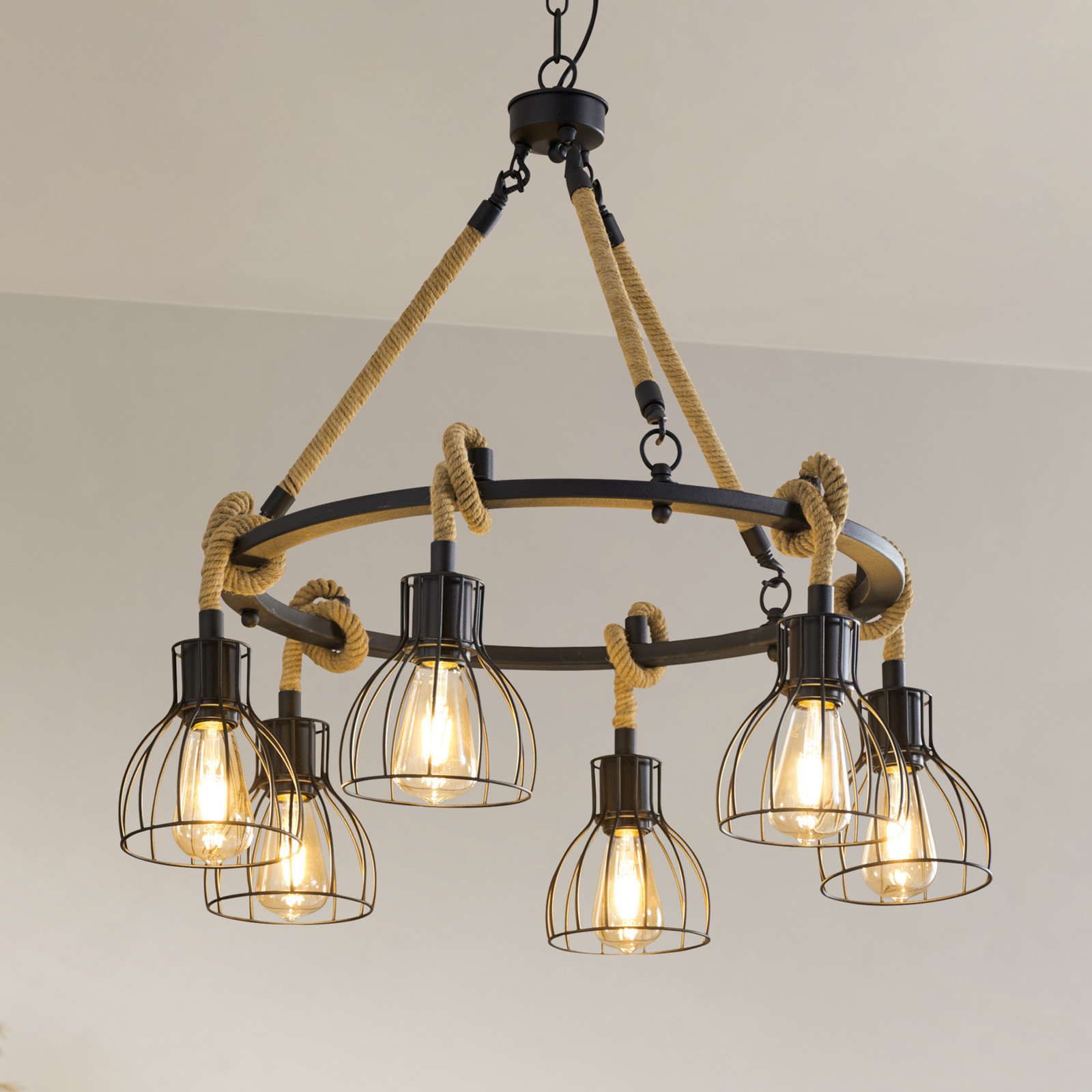 EGLO Rampside lampă suspendată cu 6 abajururi tip cușcă - Camera de zi / sufragerie - Casă de țară / Rustic - natural negru - Metal