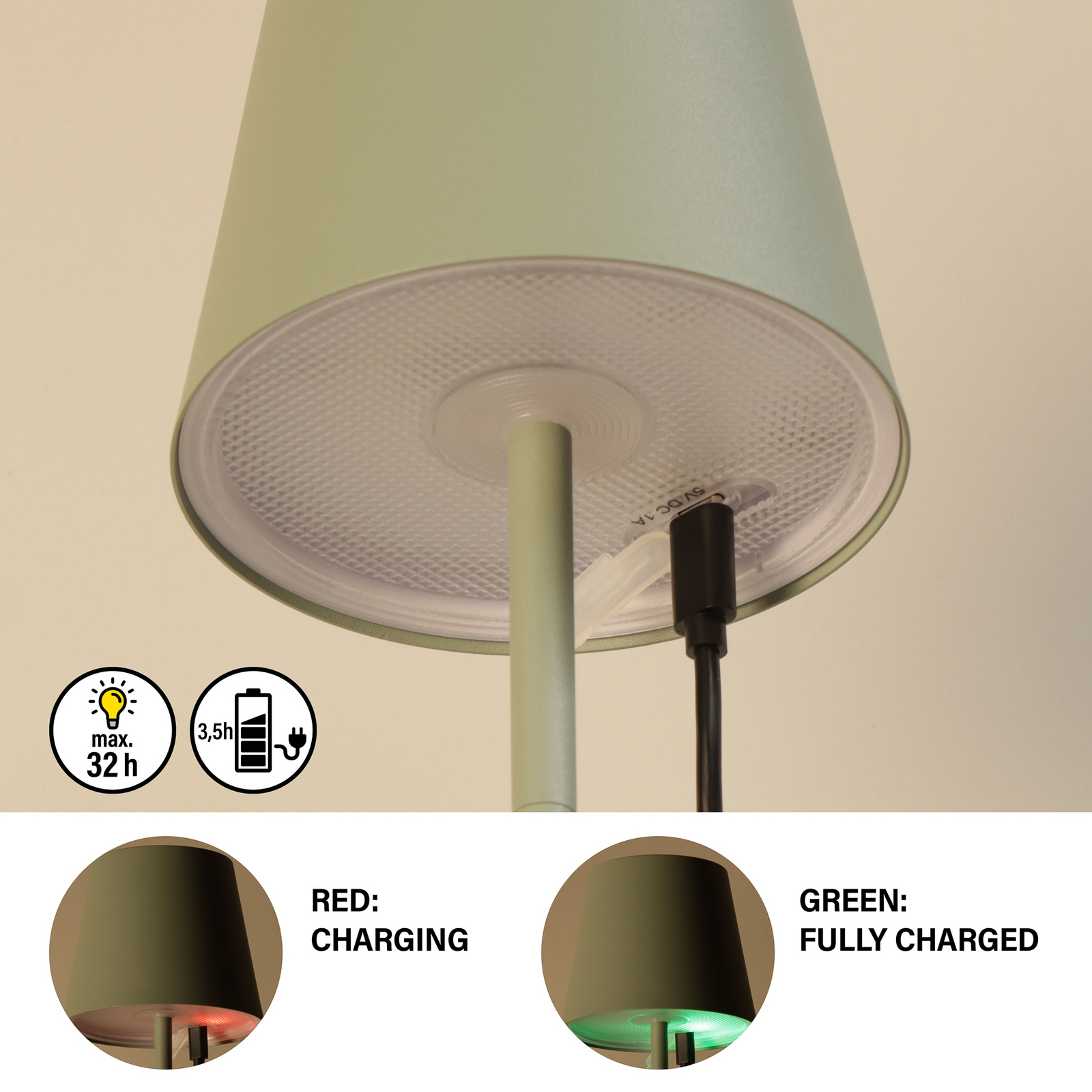 Lámpara de mesa LED recargable Viletto, verde salvia, IP54