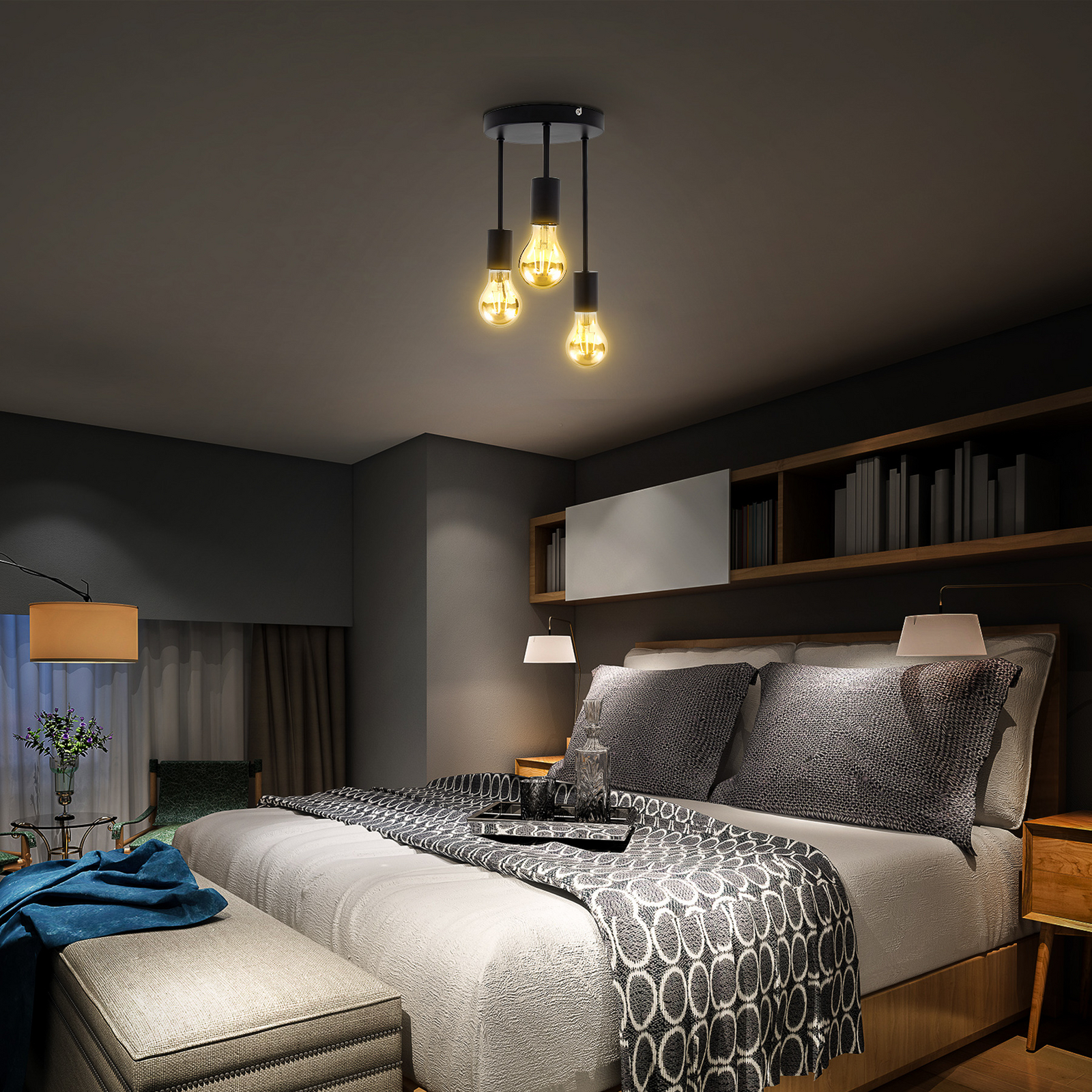 Plafondlamp Indu, zwart, metaal, 3-lamps, E27 Plafondlamp Indu, zwart, metaal, 3-lamps, E27