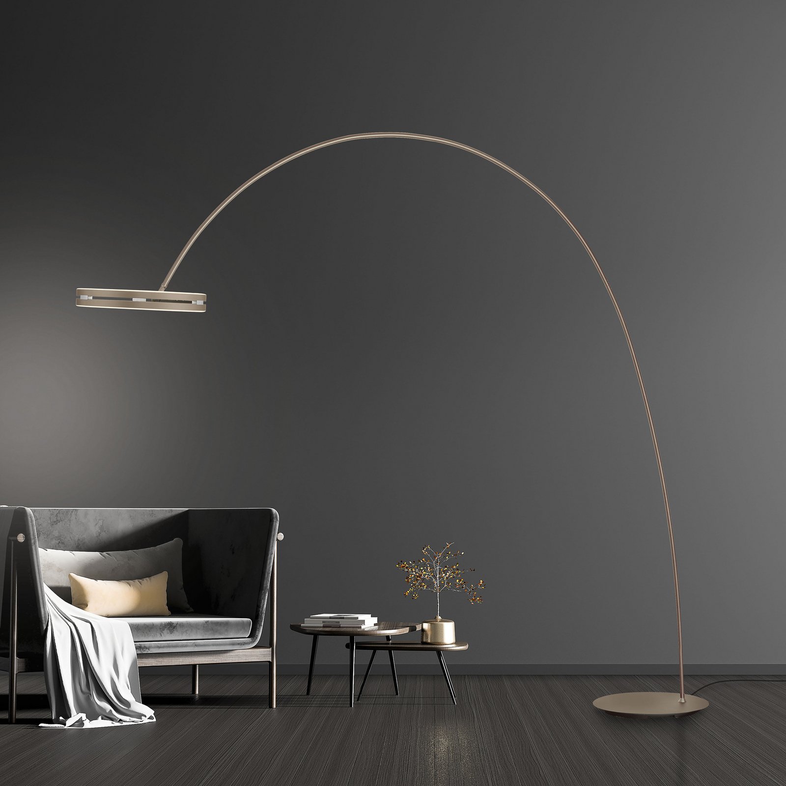PURE LED stojací lampa Loop-Bow, bronzová, dosah 290 cm