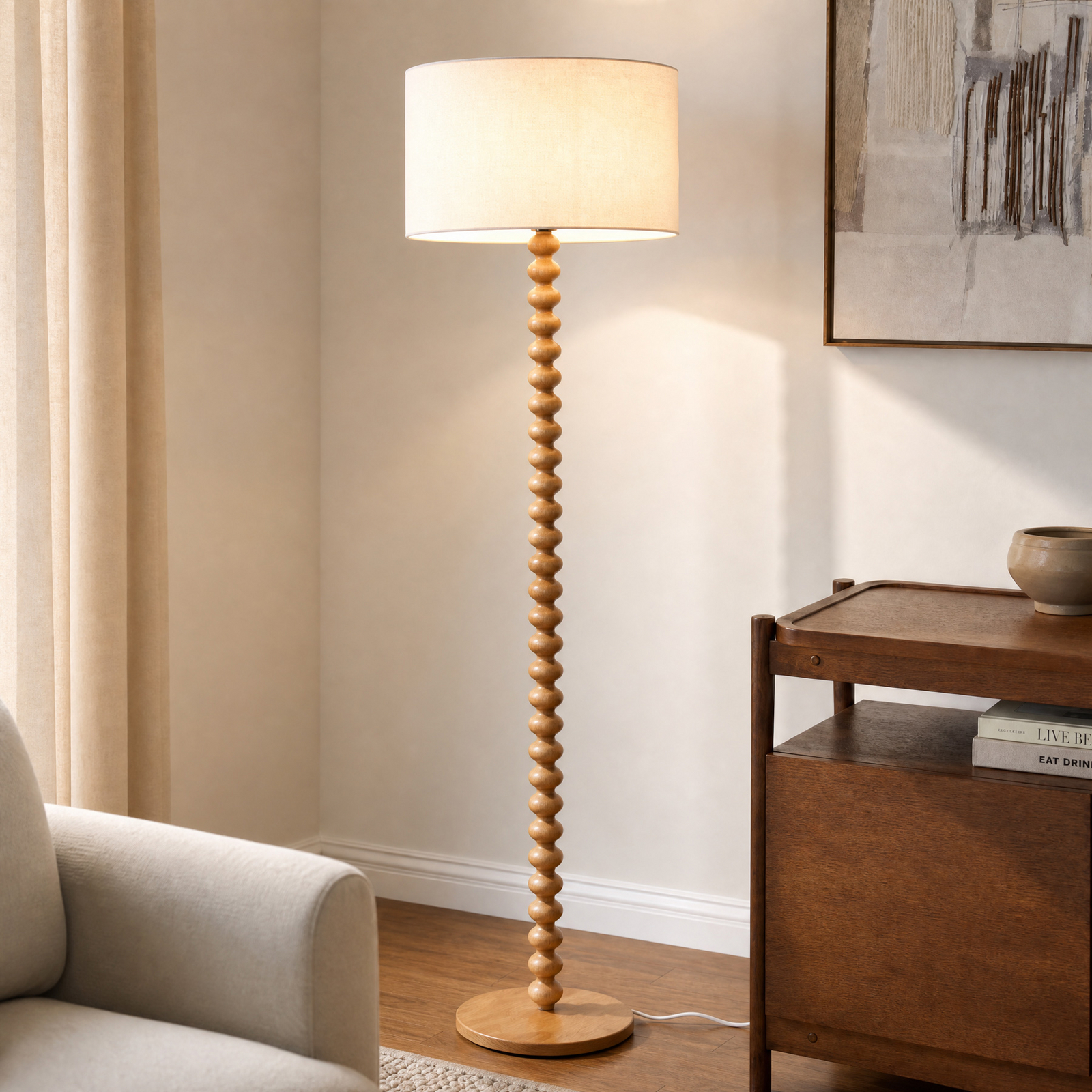 Lampe sur pied Karlie, blanc, bois, hauteur 155 cm, E27 - Lucande Lampe sur pied Karlie, blanc, bois, hauteur 155 cm, E27 - Lucande