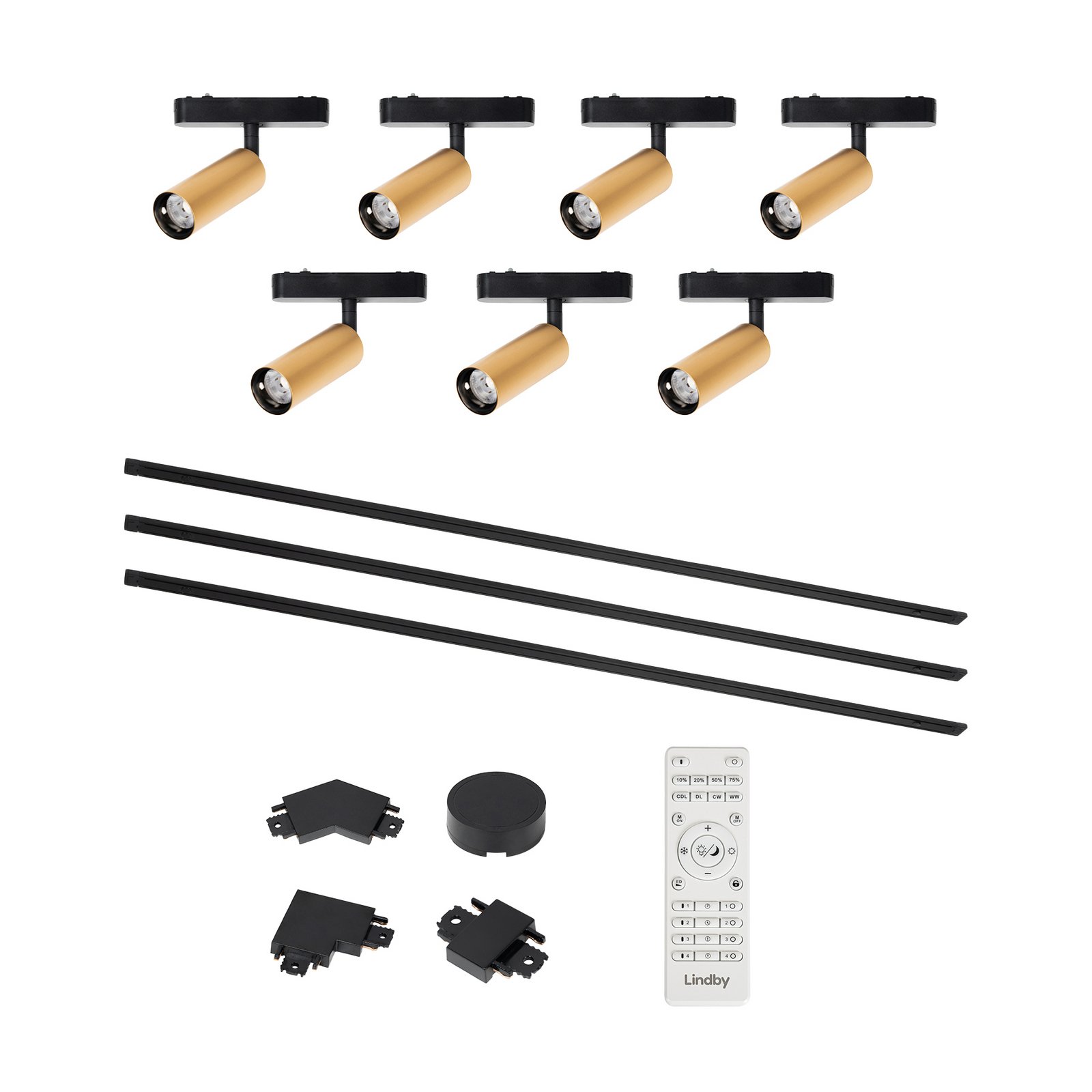 Système de lampes sur rail Lumaro, spots, 7 lampes, or, Ø4cm,48V,intensité