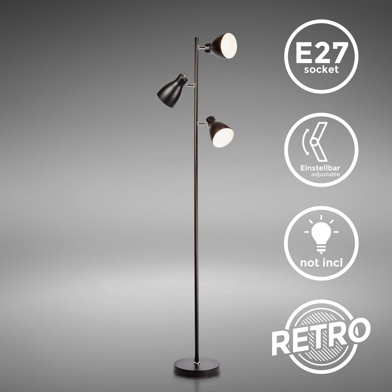 Gide álló világítás, 3 izzós, fekete, fém, E27