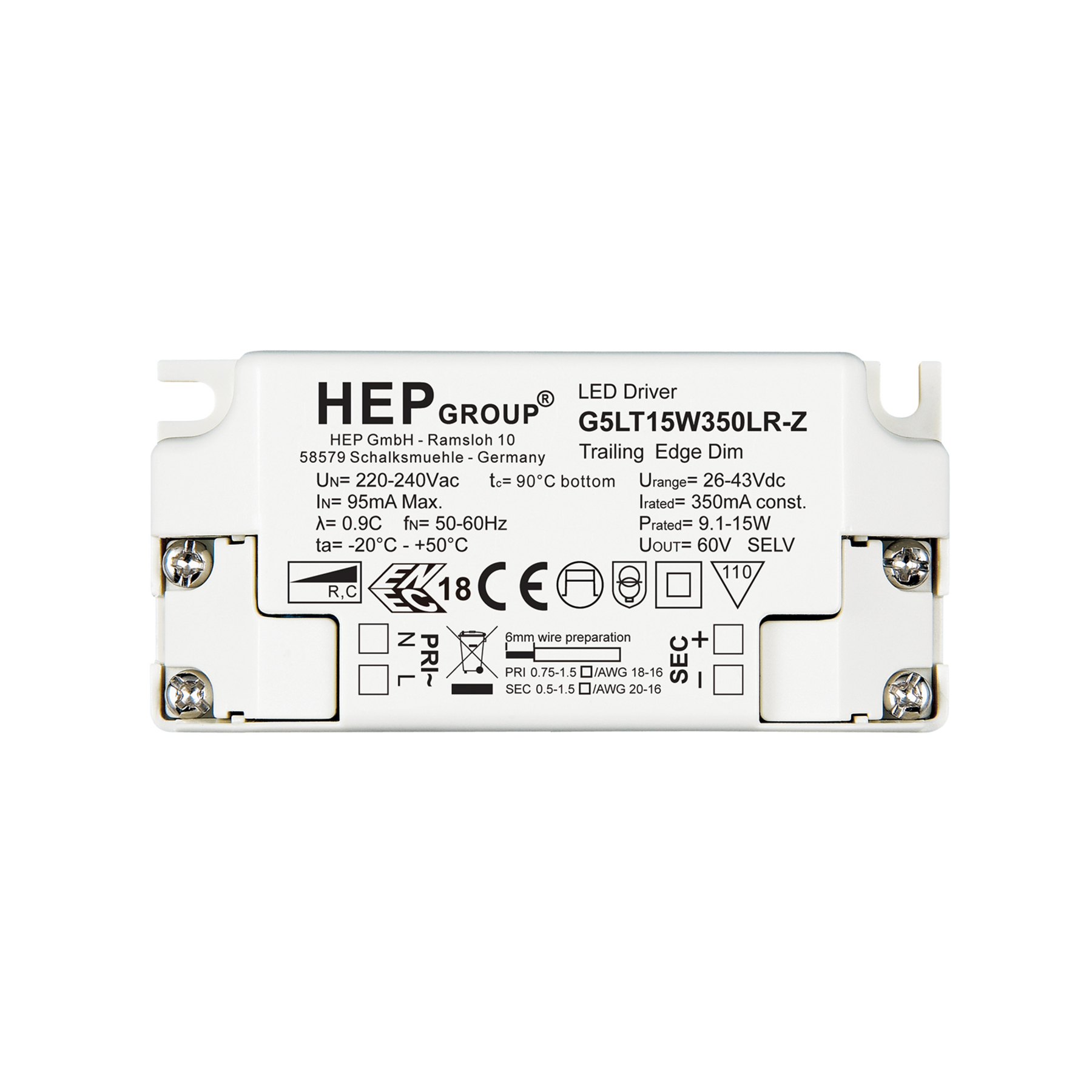HEP LED driver G5LT, 15 W, 350 mA, dimmable, CC, plastic, L: 8.5 cm, W: 7.6 cm, H: 2.2 cm
