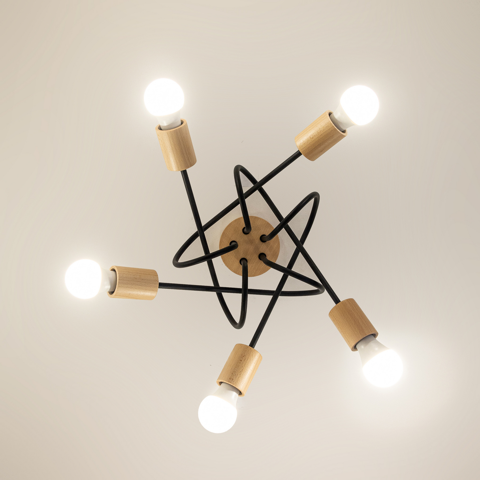 Plafonnier Oxford, noir, bois, métal, à 5 lampes, Ø 47 cm