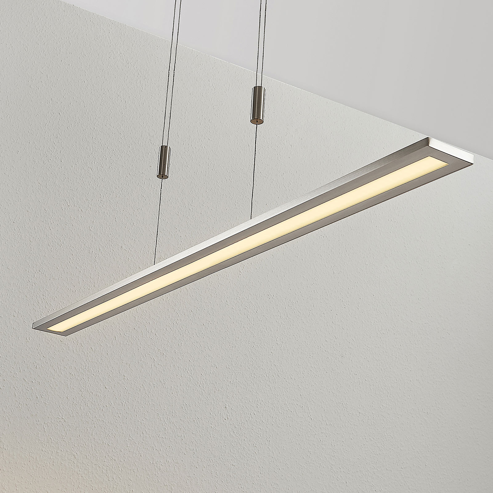 Lindby LED pendant lamp Esteban in nickel, dimmable, for Living / Dining Room, metal, plastic, 36 W, energy efficiency: A+, L: 115 cm, W: 8 cm, H: 1.3 cm