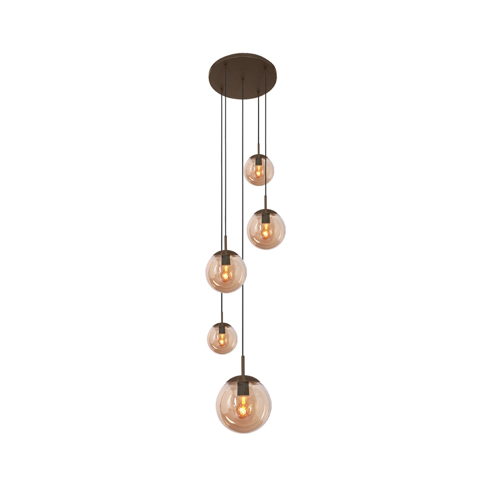 Suspension Bollique, marron/ambre, verre, à 5 lampes