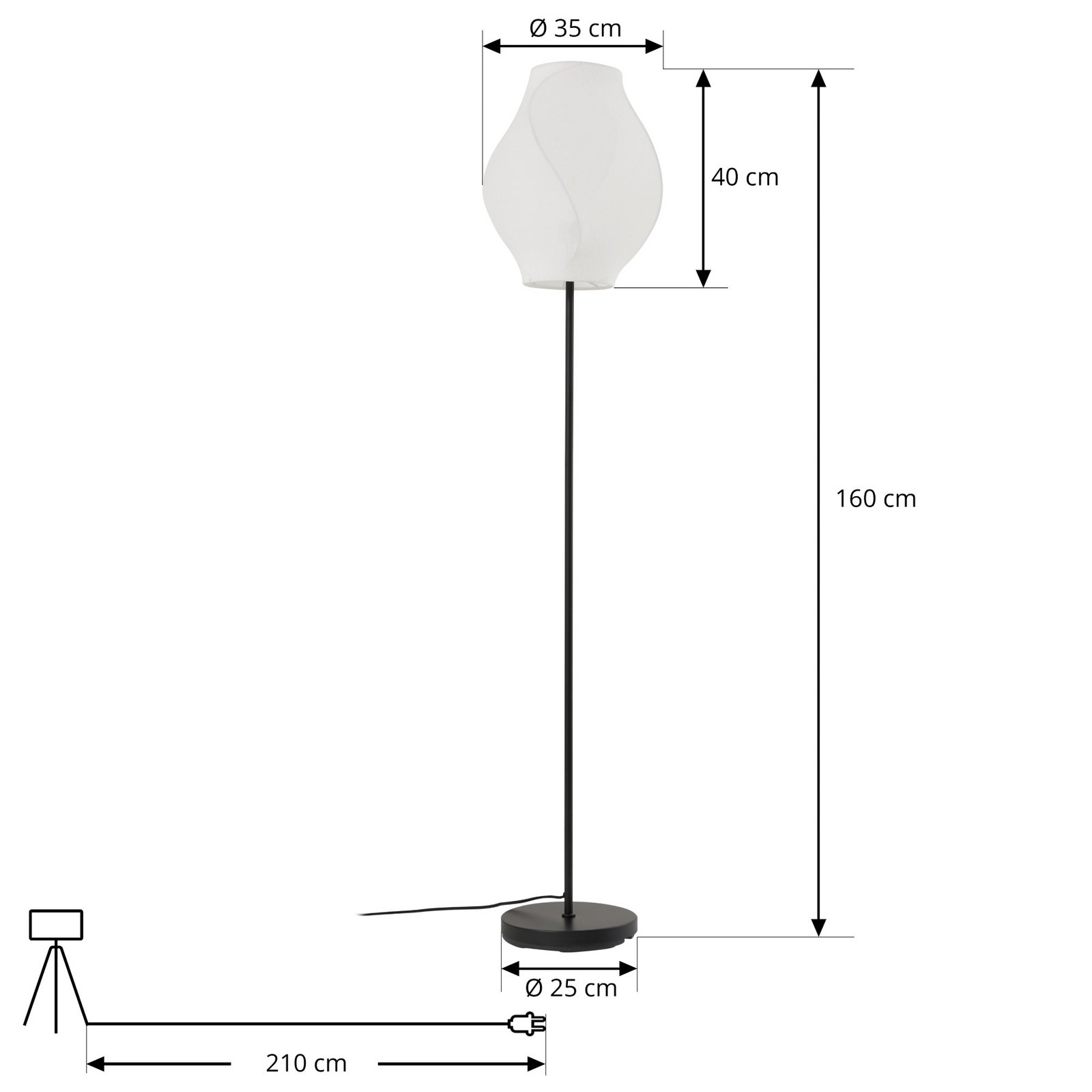 Lucande podna lampa Tovina, tekstil, bijela, visina 165 cm