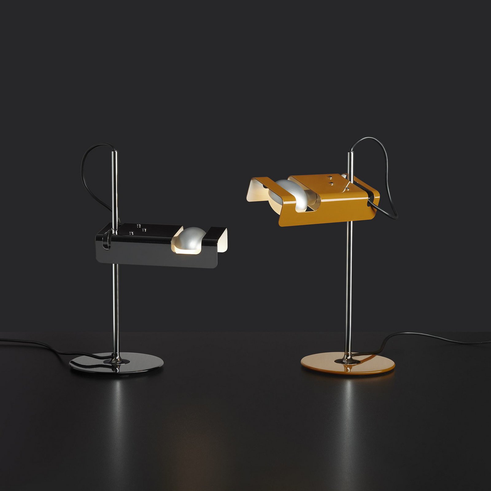 Oluce Spider table lamp, mustard yellow/chrome, metal, aluminium