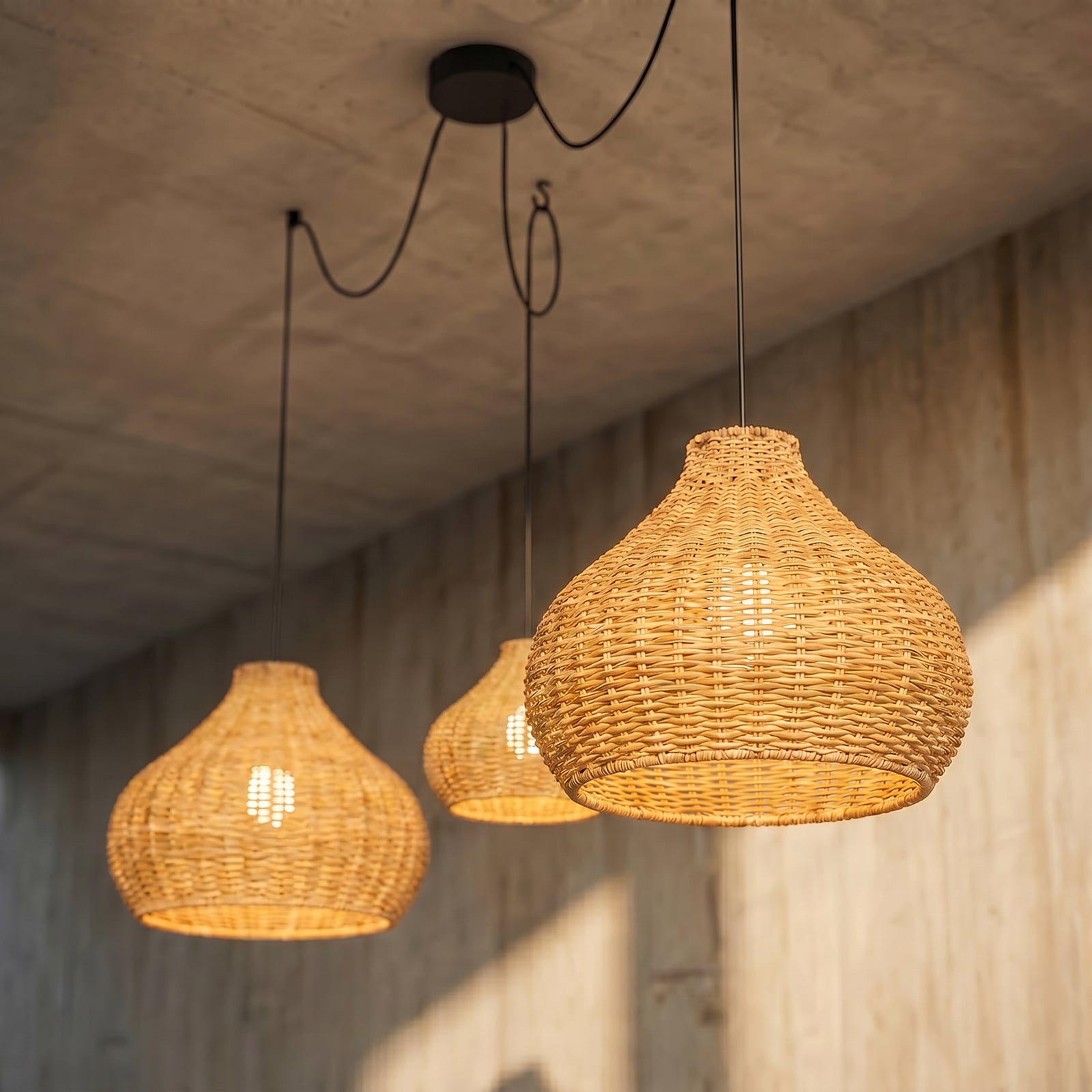 Lucande Außenhängelampe Taniola, 3-flg., beige, Rattan, IP44