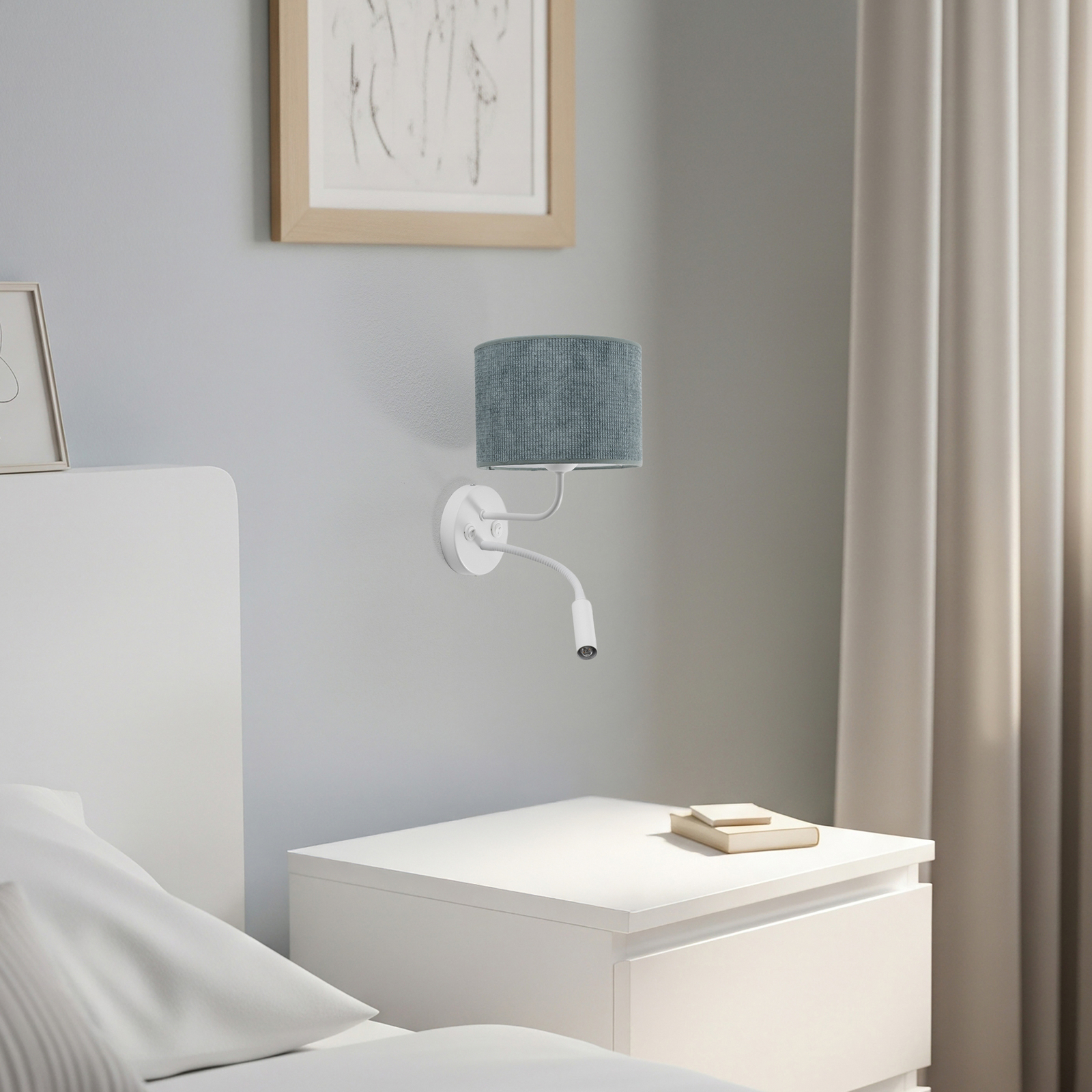 Candeeiro de parede Roller, corda menta, branco, com luz de leitura