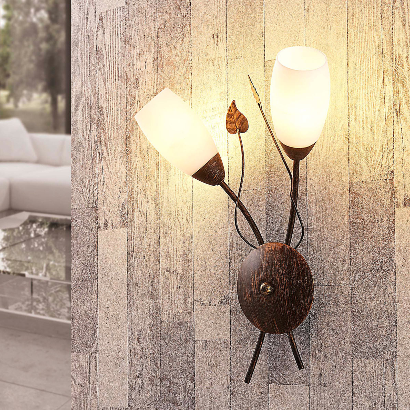 Lindby Elegant LED wall lamp Stefania, for Living / Dining Room, glass, metal, E14, 4.5 W, energy efficiency: A+, W: 44 cm, H: 42.5 cm