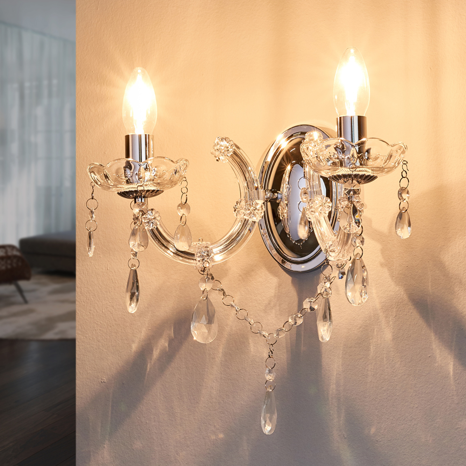 Searchlight Marie Therese - classic wall light, chrome, for Living / Dining Room, metal, acrylic glass, glass crystals, E14, 40 W, energy efficiency: A++, W: 32 cm, H: 20 cm