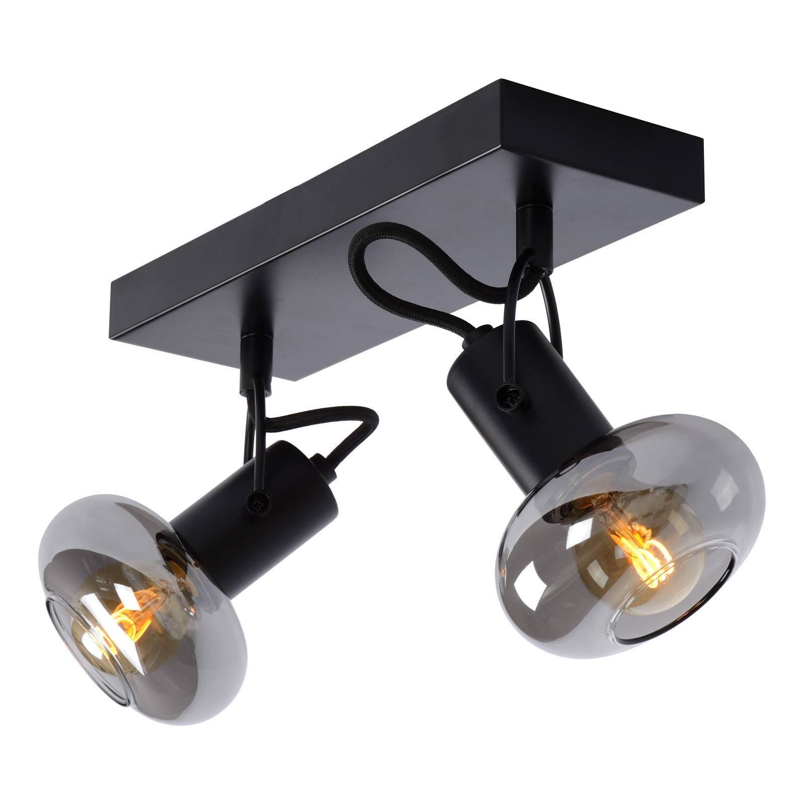 Lucide plafondspot Madee, zwart/rook, 2-lamps, voor woon-/ eetkamer, metaal, glas, E14, 25 W, L: 26 cm, B: 9 H: 18 cm