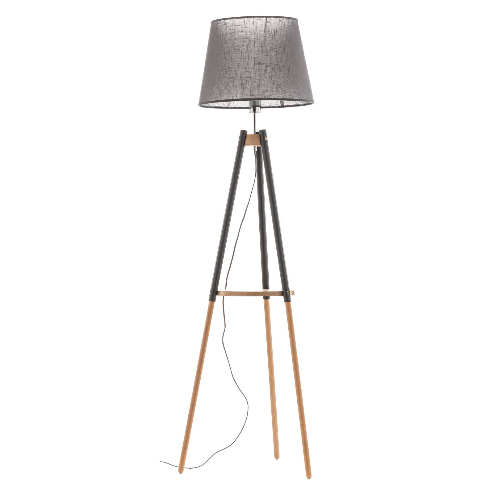 Lampadaire Vaio trépied en bois abat-jour gris