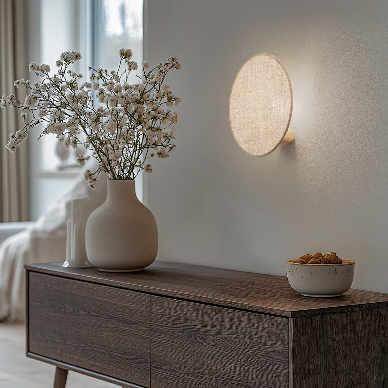 Puls wall light, jute shade, natural brown, Ø 30 cm