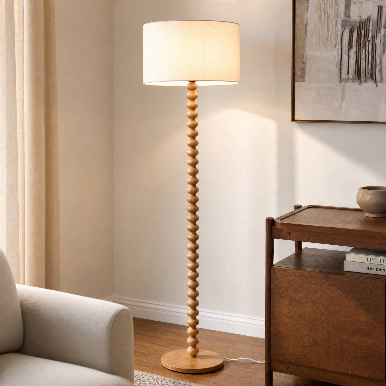 Lampa stojąca Lucande Karlie, wysokość 155 cm, biała, drewno, E27