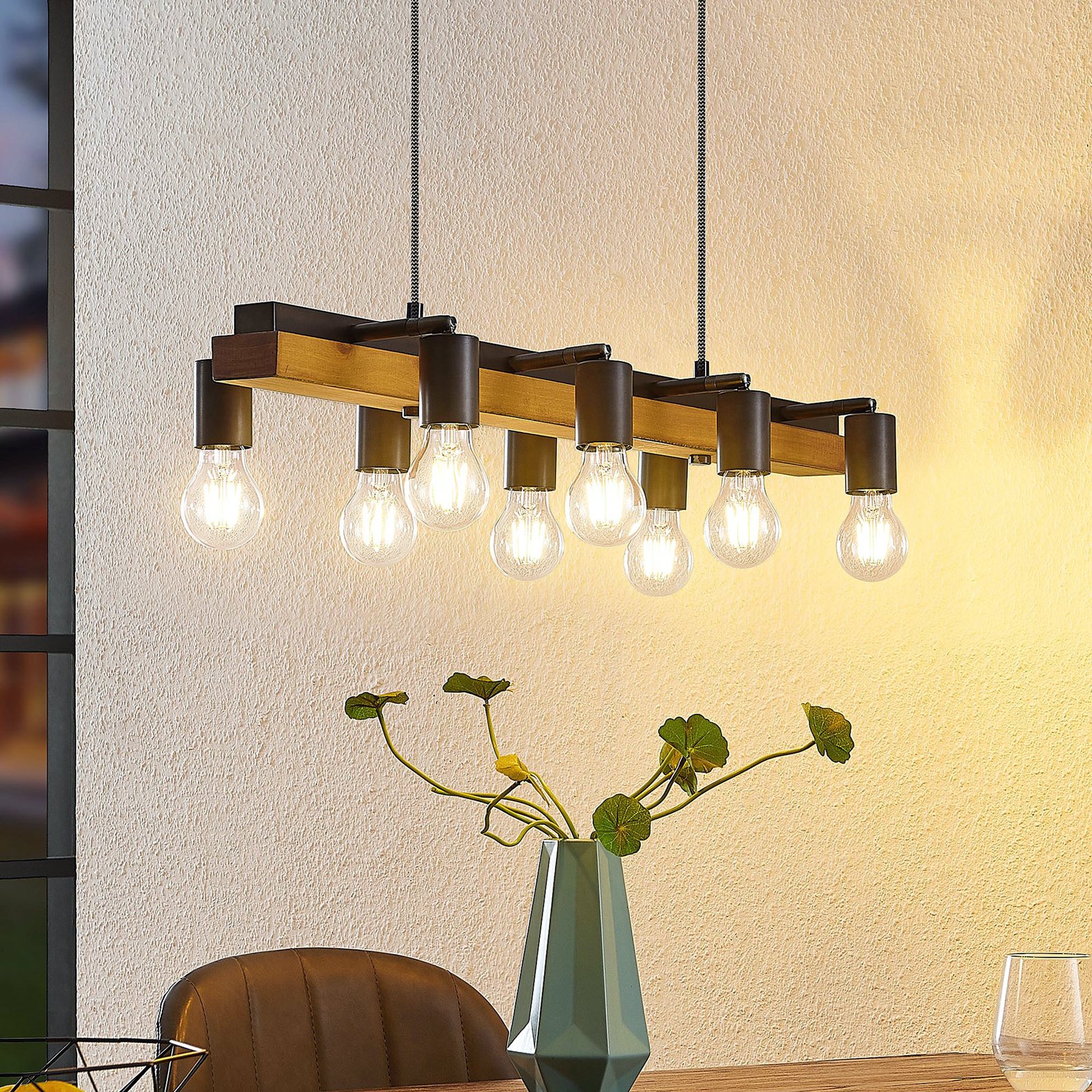 Lindby Morleen - hanging light, 8-bulb, dark wood