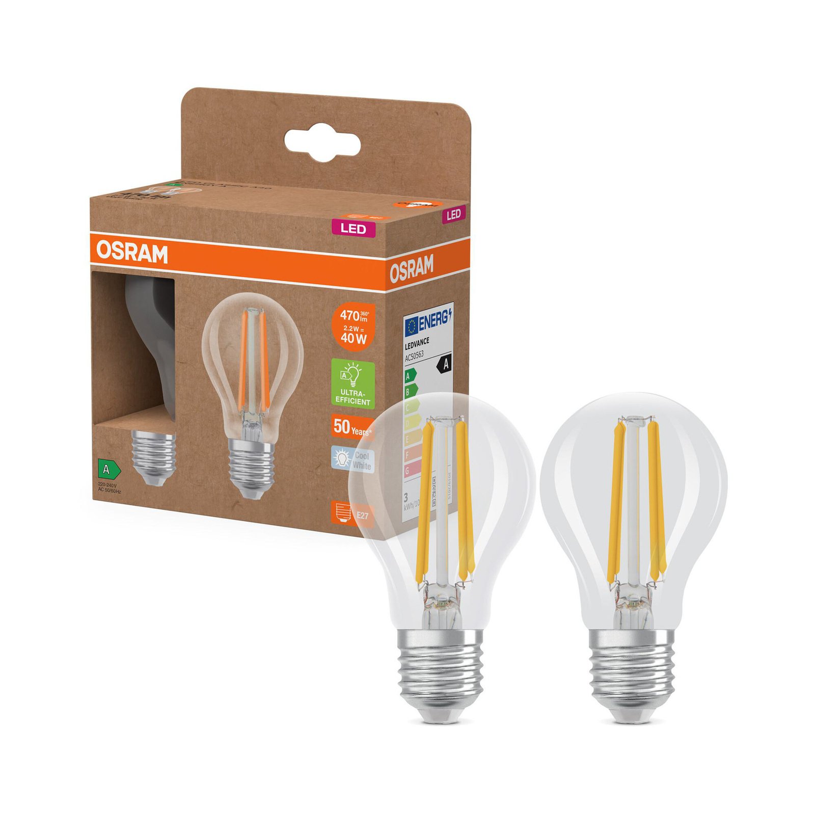 OSRAM LED traditional light bulb E27 2.2W Filament 4,000K 470lm 2-pack