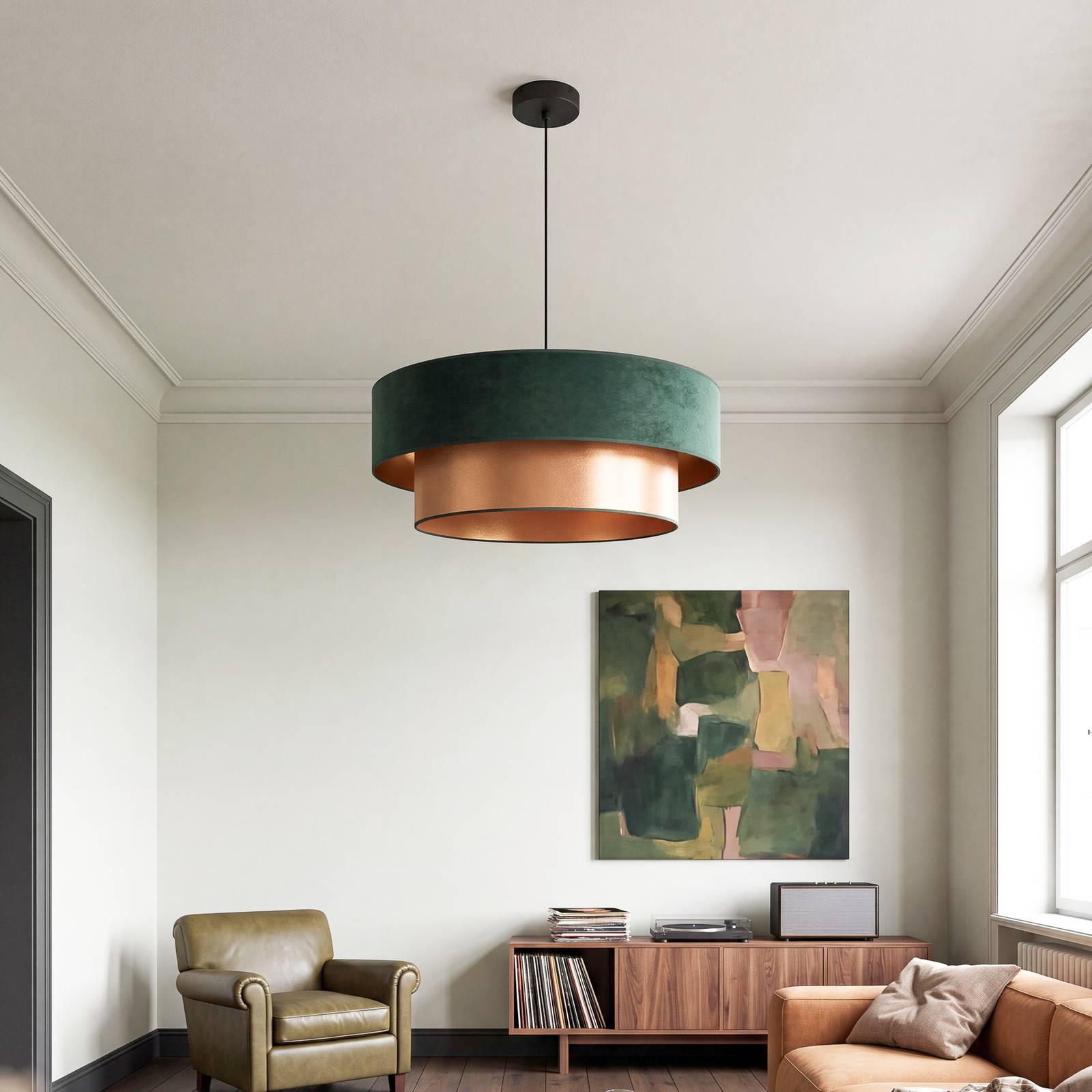 Lampa wisząca Dorina, zielono-złota, Ø 60 cm, tkanina, E27