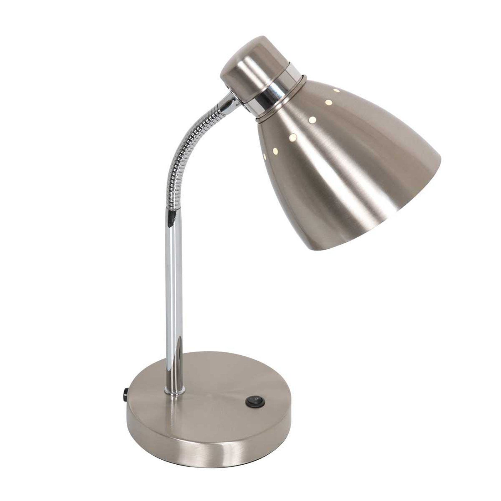 Bordlampe med fjær, stålfarget, metall, fleksibel arm, bryter